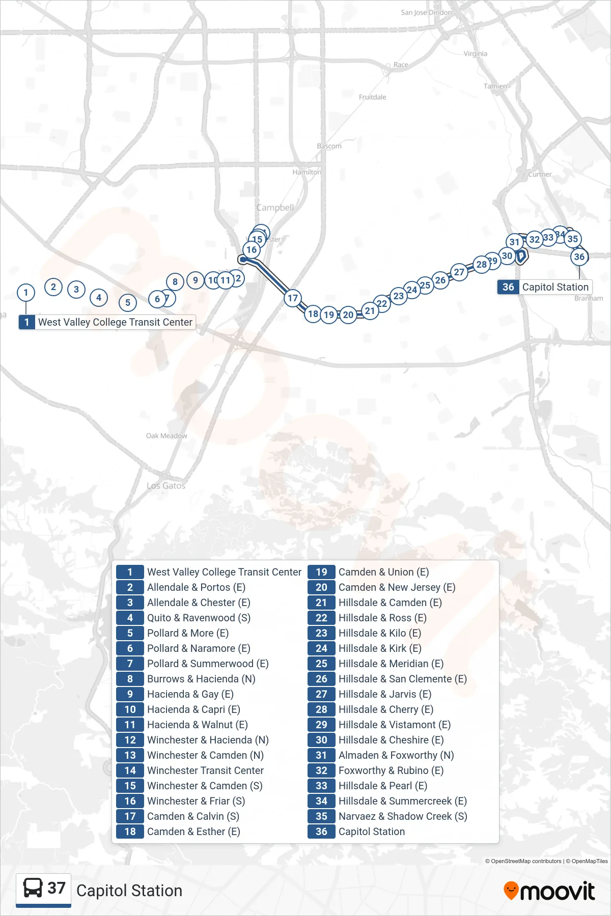 37 bus Line (Capitol Station) route and stops on a map