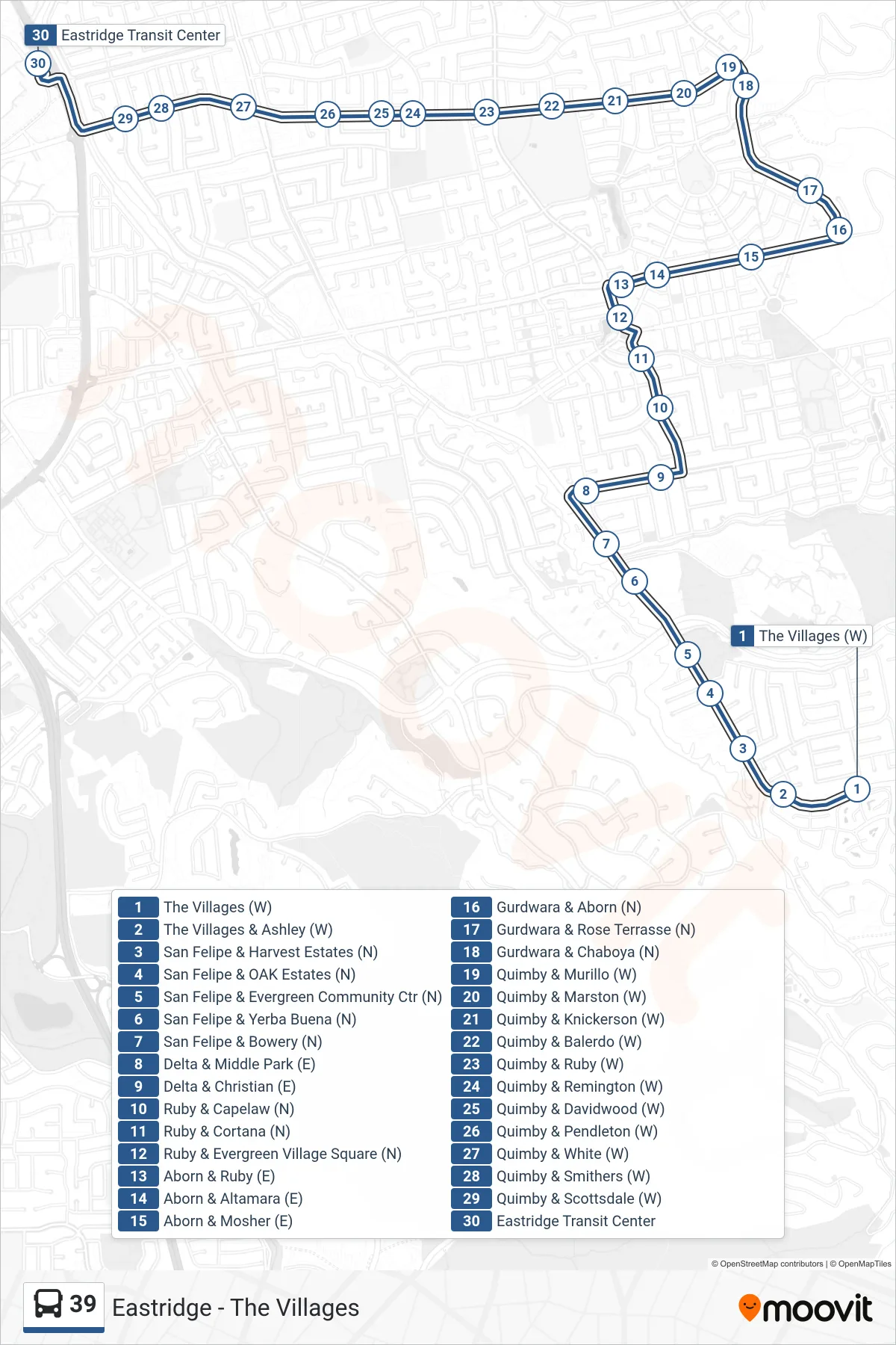 39 bus Line (Eastridge) route and stops on a map