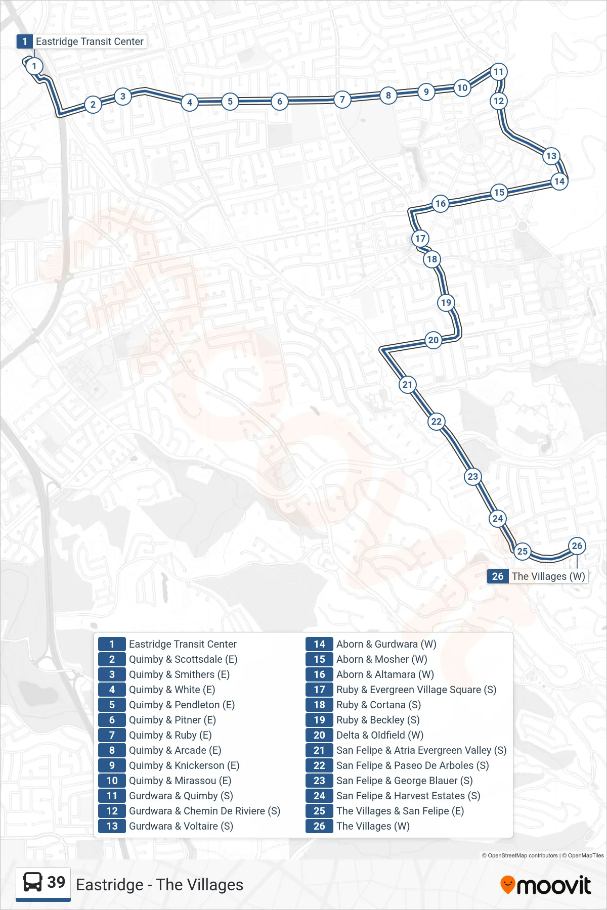 39 bus Line (The Villages) route and stops on a map