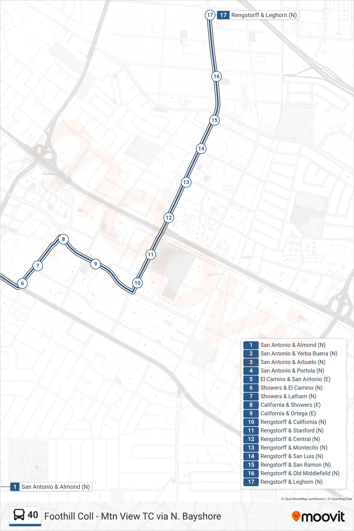 40 bus Line (Rengstorff & Middlefield) route and stops on a map