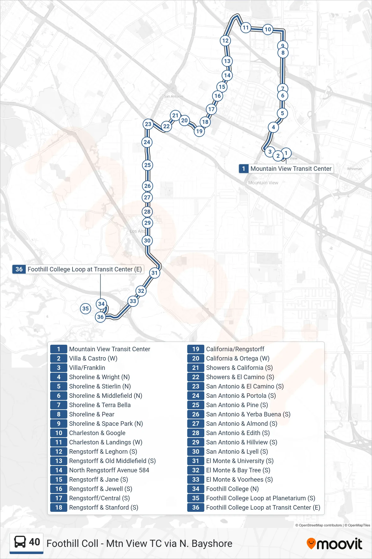 40 bus Line (Foothill College) route and stops on a map