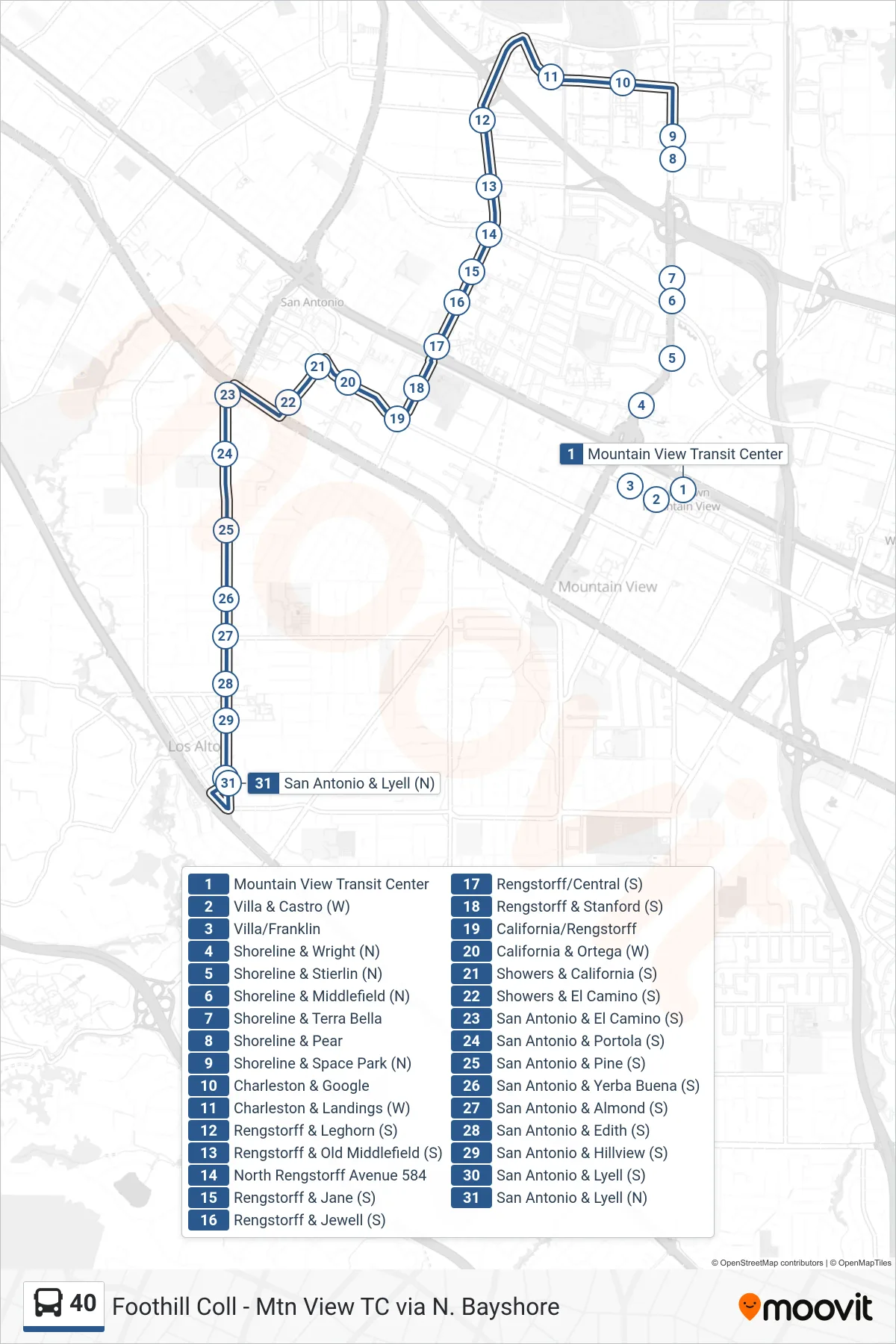 40 bus Line (Downtown Los Altos) route and stops on a map