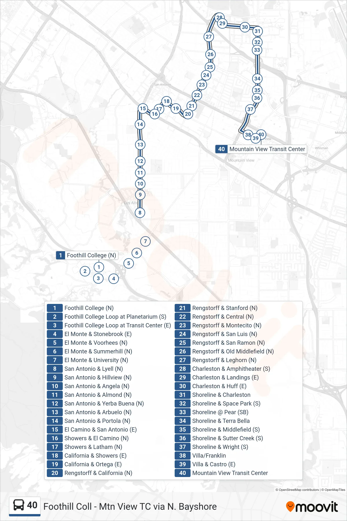 40 bus Line (Mountain View Transit Ctr) route and stops on a map