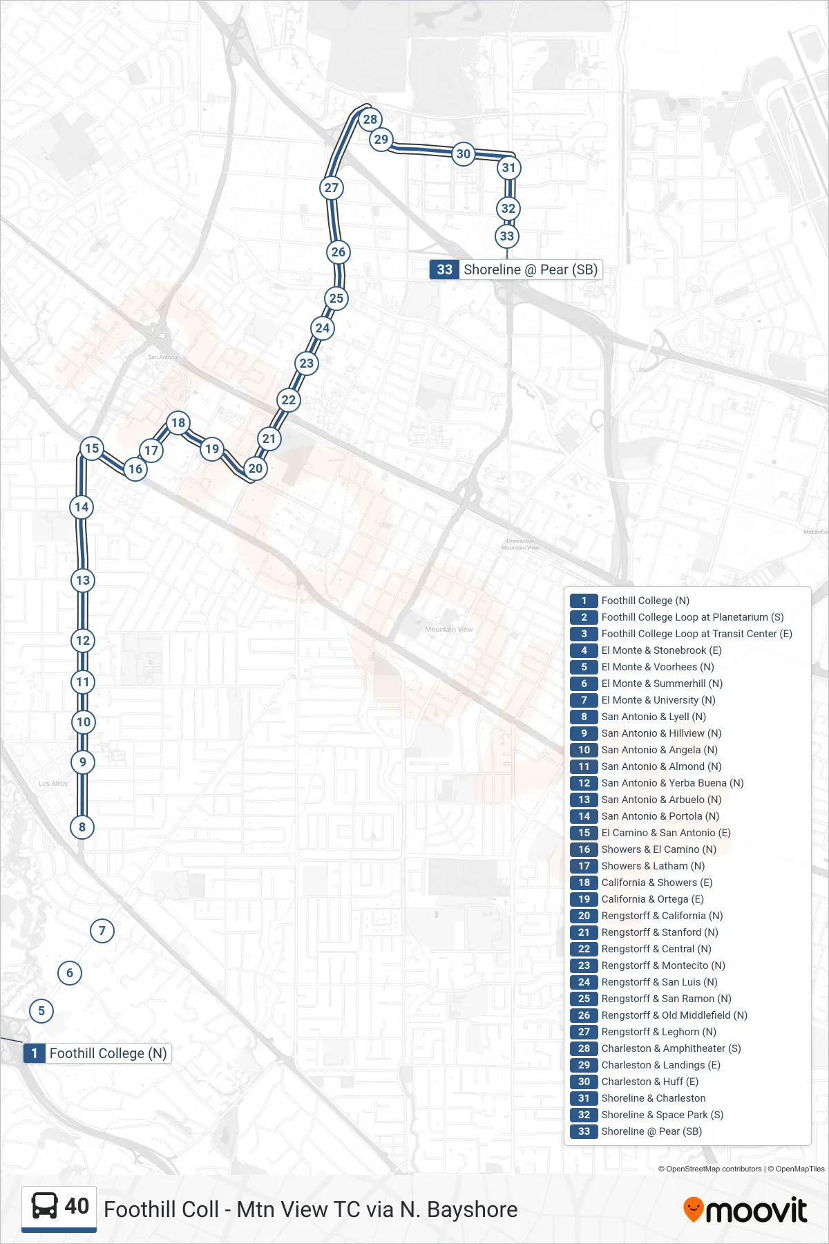 40 bus Line (Shoreline & Pear) route and stops on a map