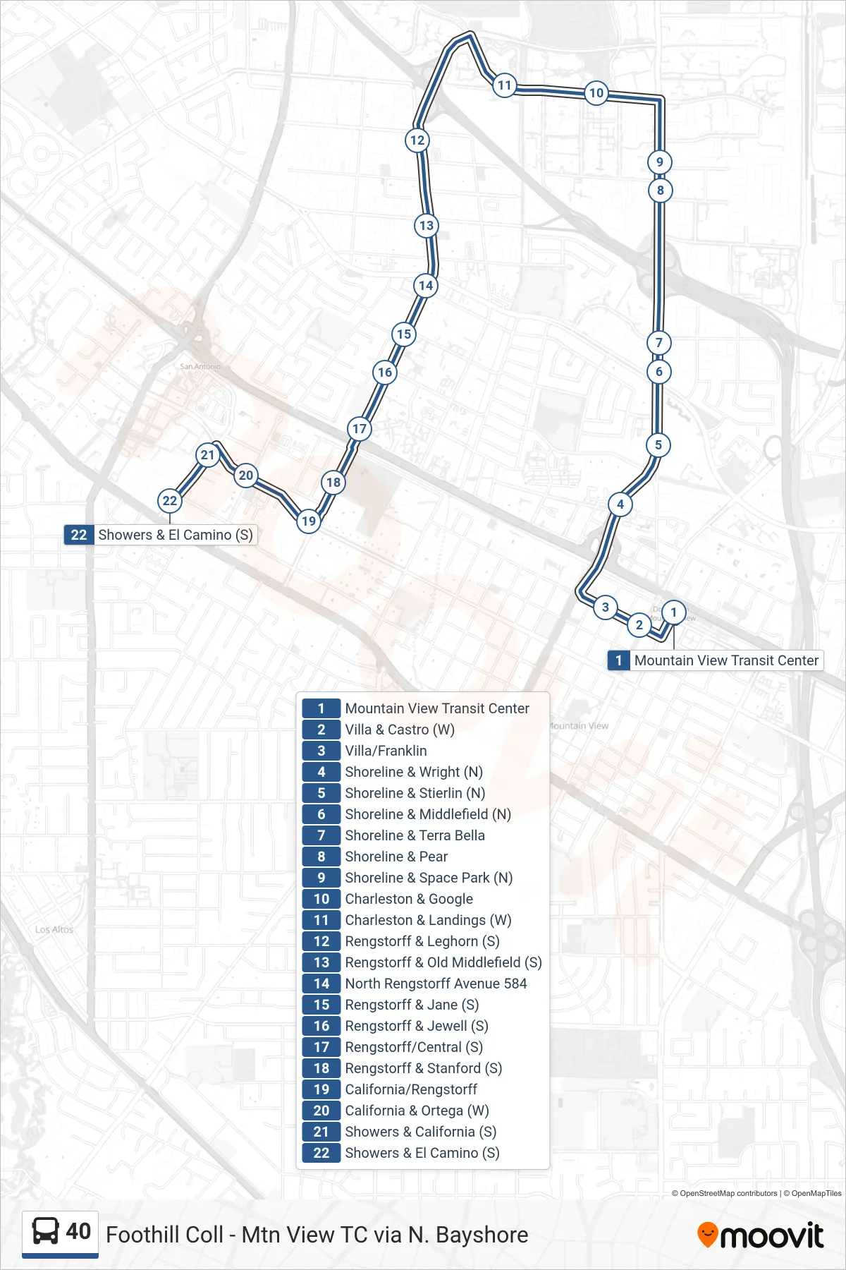 40 bus Line (San Antonio Transit Ctr) route and stops on a map