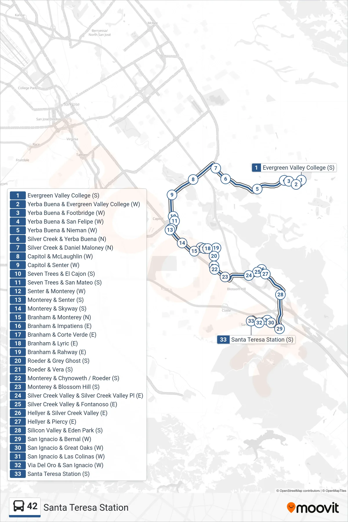 42 bus Line (Santa Teresa Station) route and stops on a map