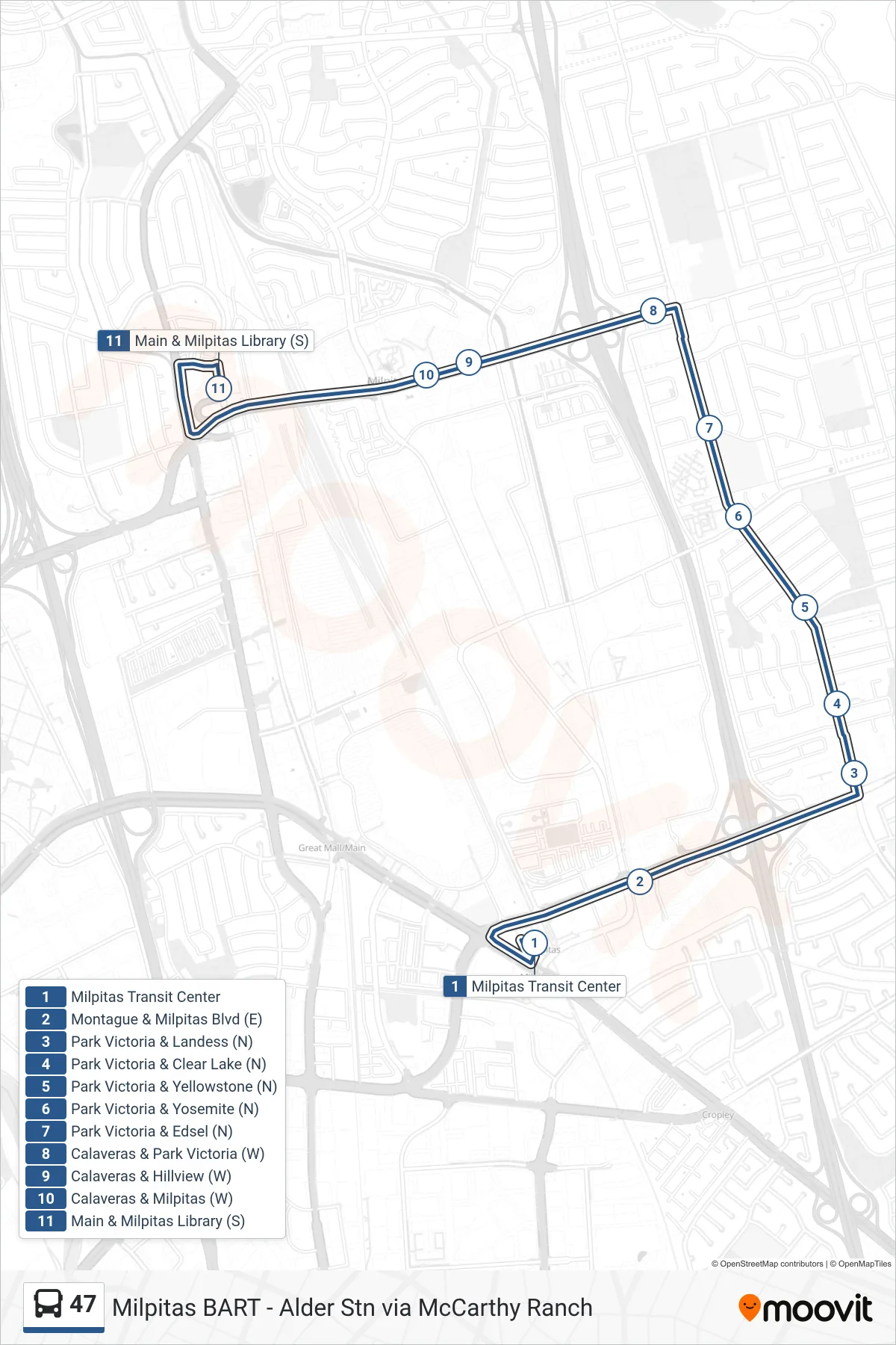 47 bus Line (Main & Calaveras) route and stops on a map