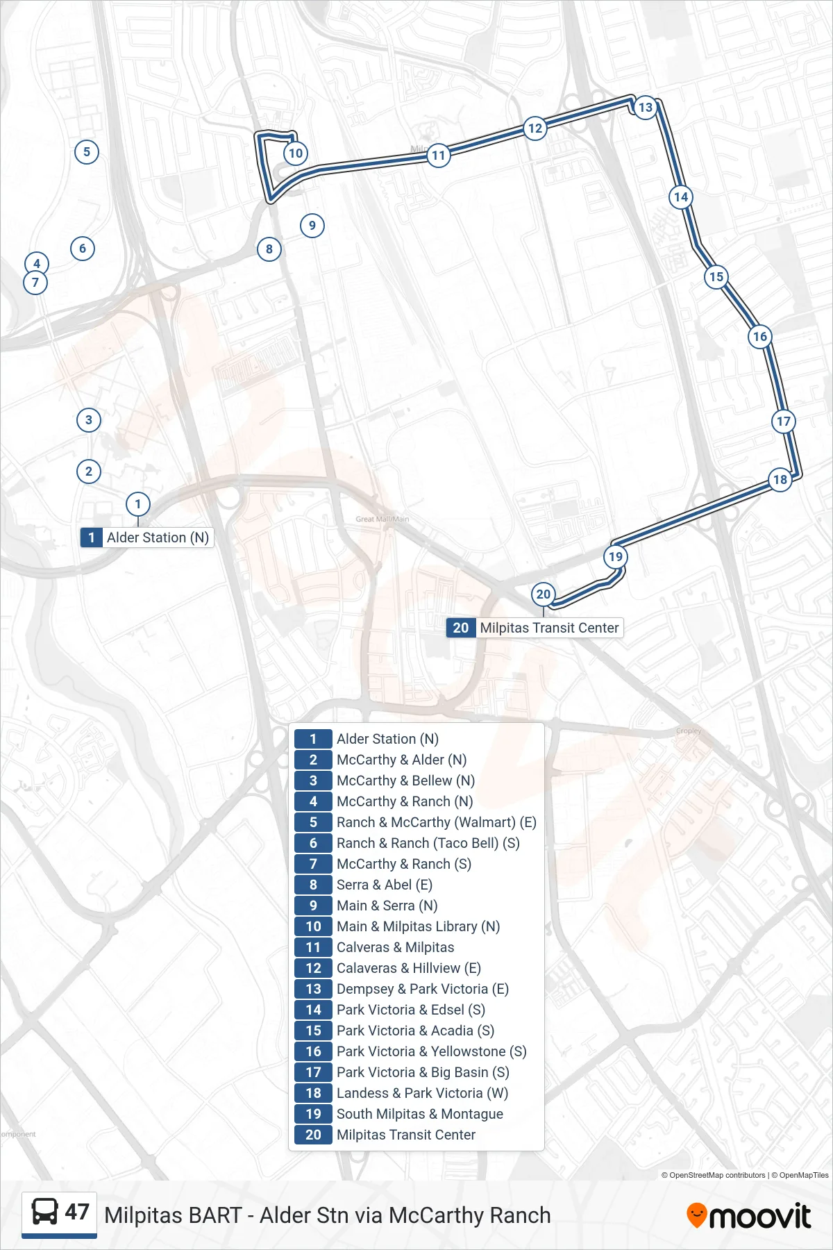 47 bus Line (Milpitas BART) route and stops on a map