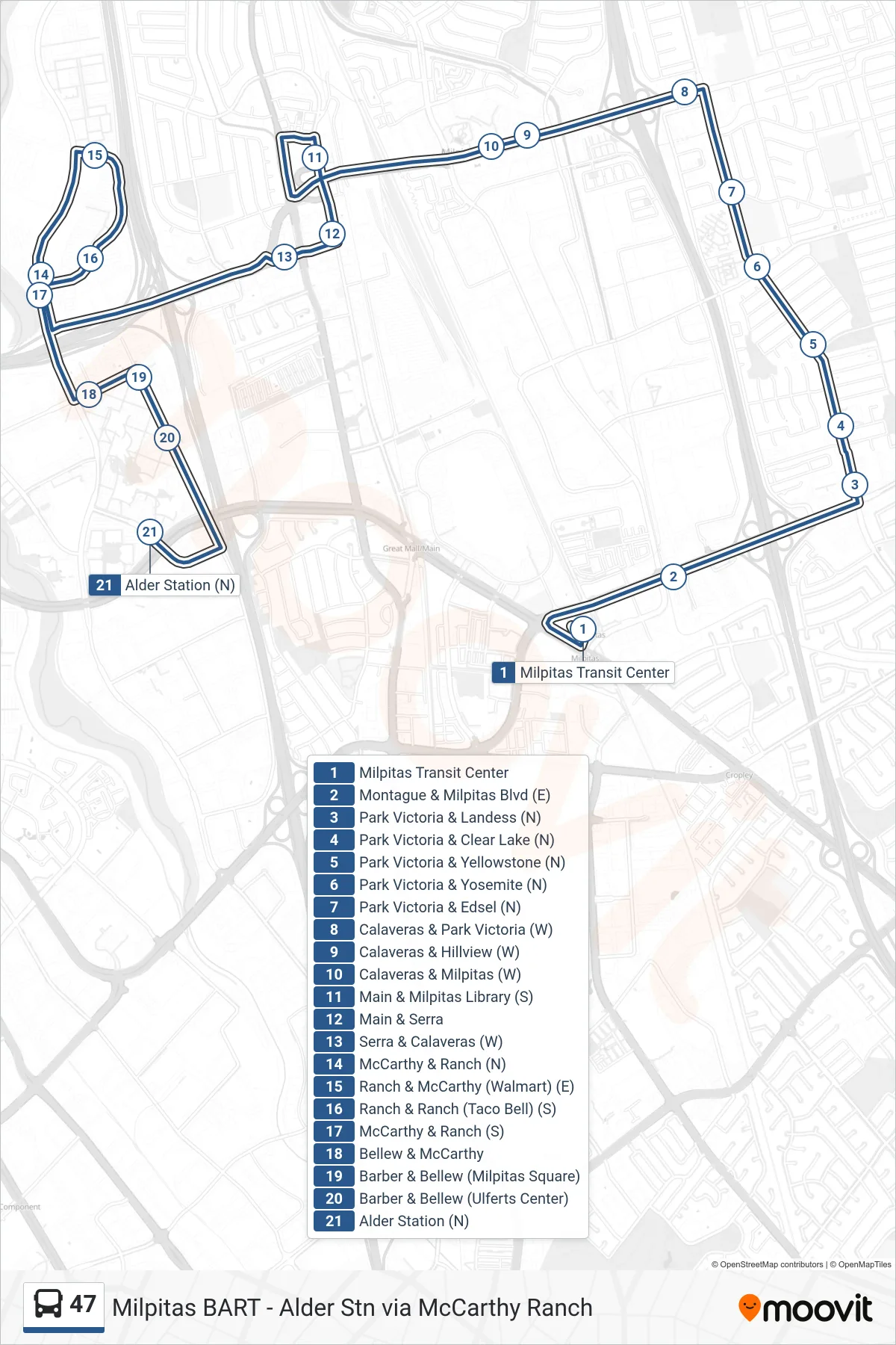 47 bus Line (Alder Station) route and stops on a map