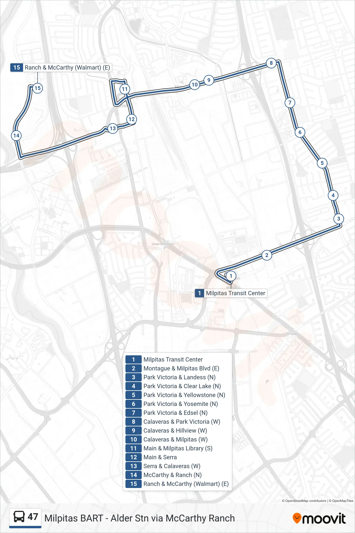 47 bus Line (McCarthy Ranch) route and stops on a map
