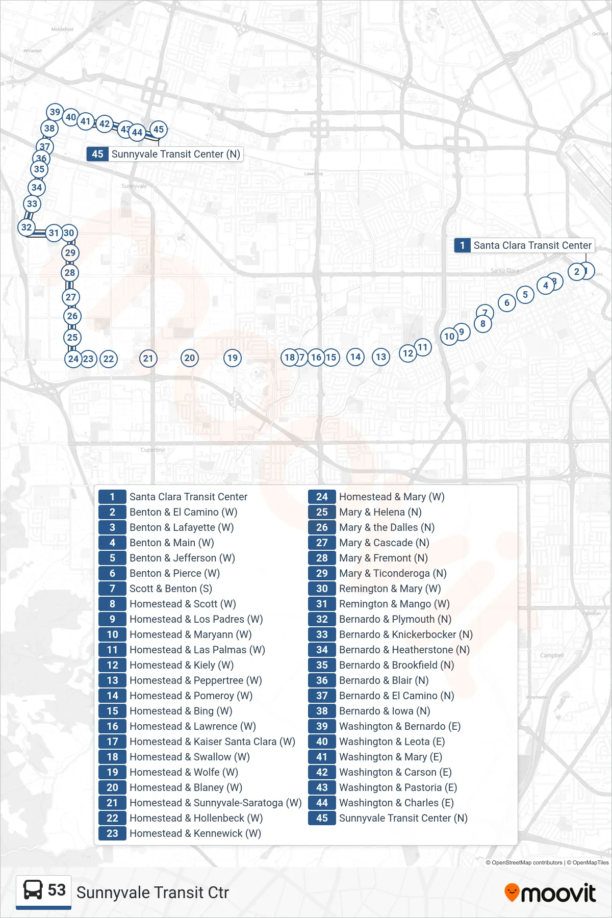 53 bus Line (Sunnyvale Transit Ctr) route and stops on a map