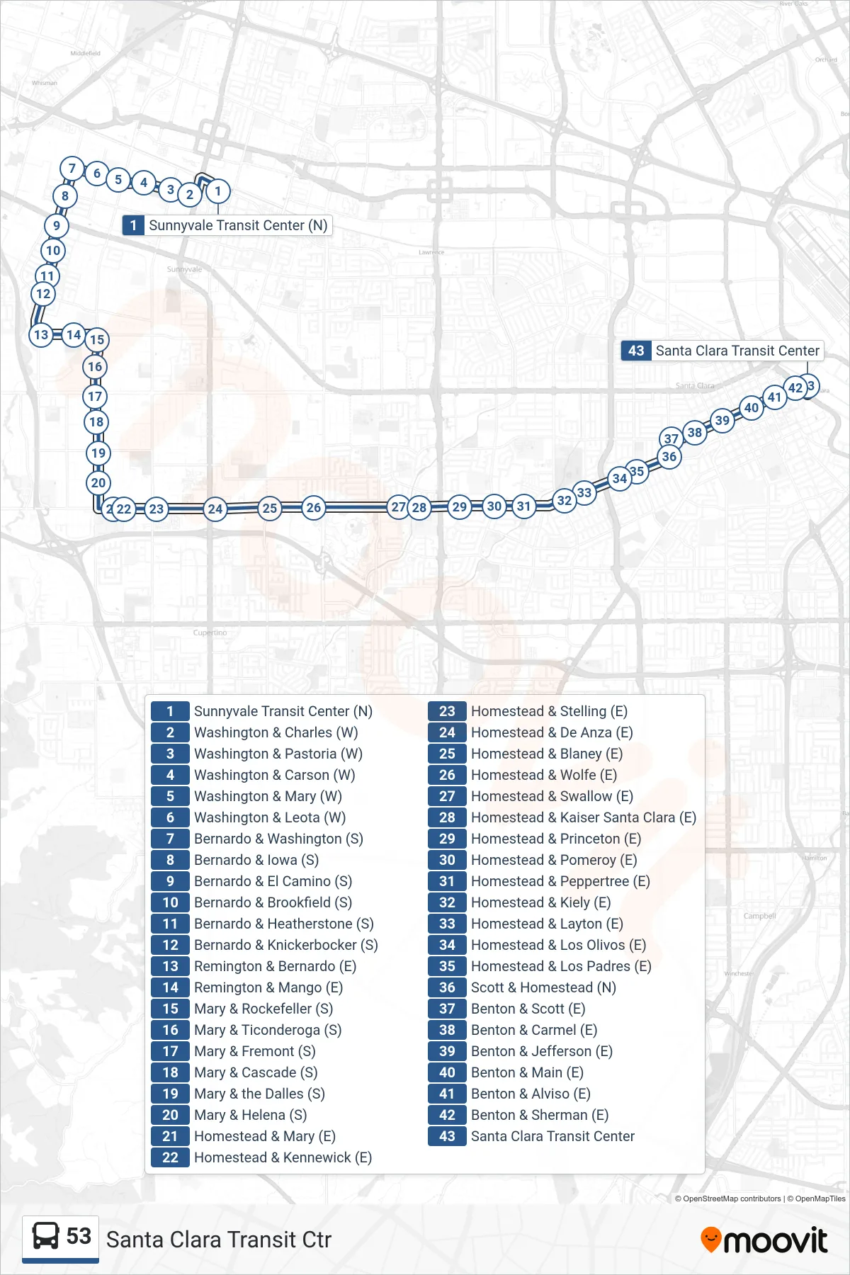 53 bus Line (Santa Clara Transit Ctr) route and stops on a map