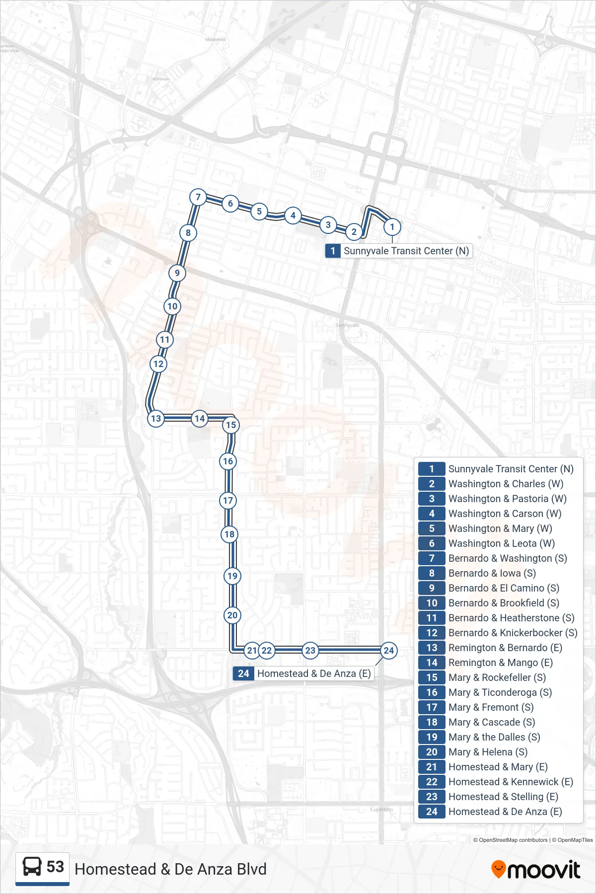 53 bus Line (Homestead & De Anza Blvd) route and stops on a map