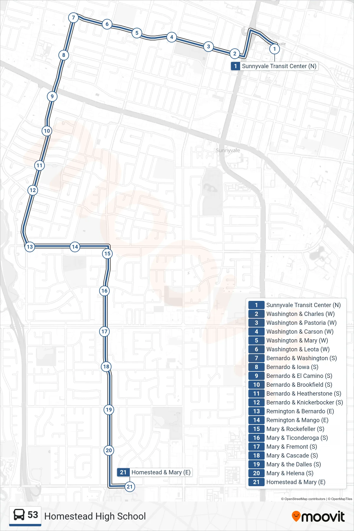 53 bus Line (Homestead High School) route and stops on a map