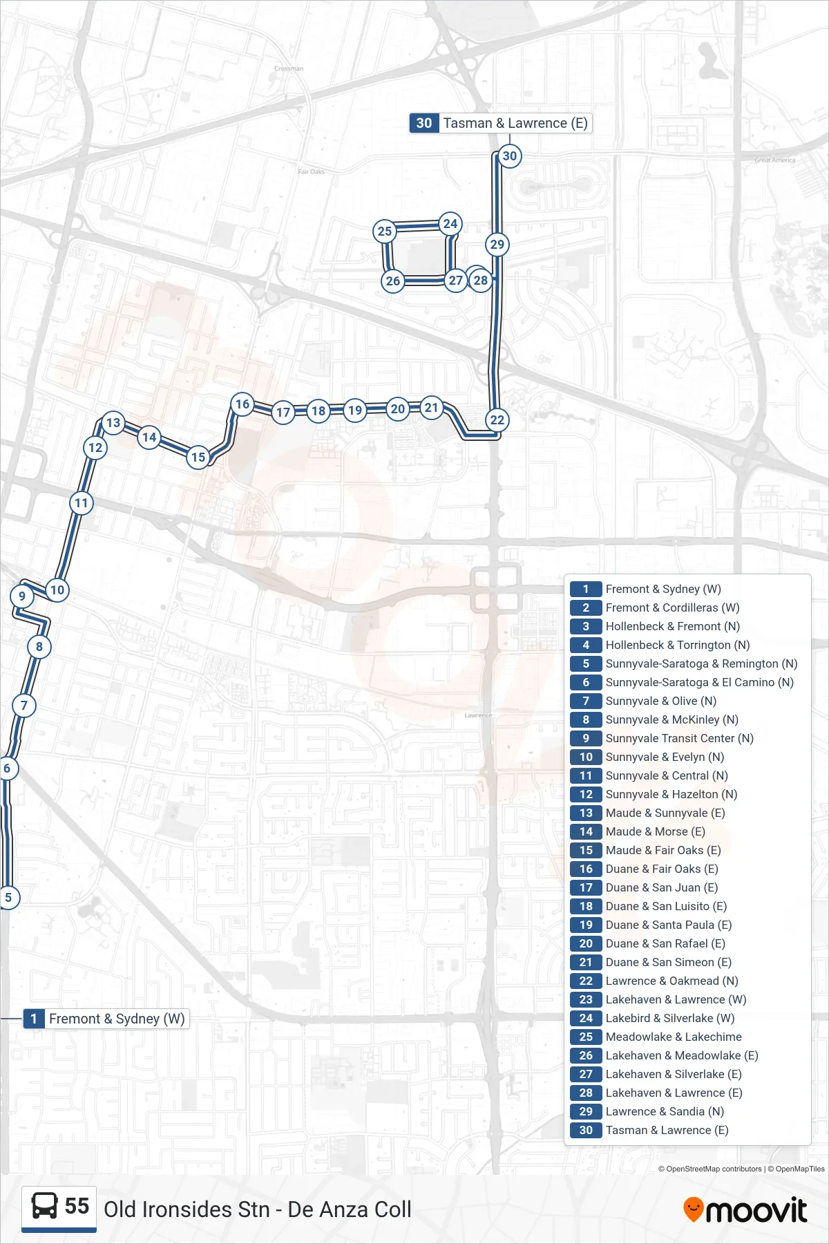 55 bus Line (Lawrence & Tasman) route and stops on a map