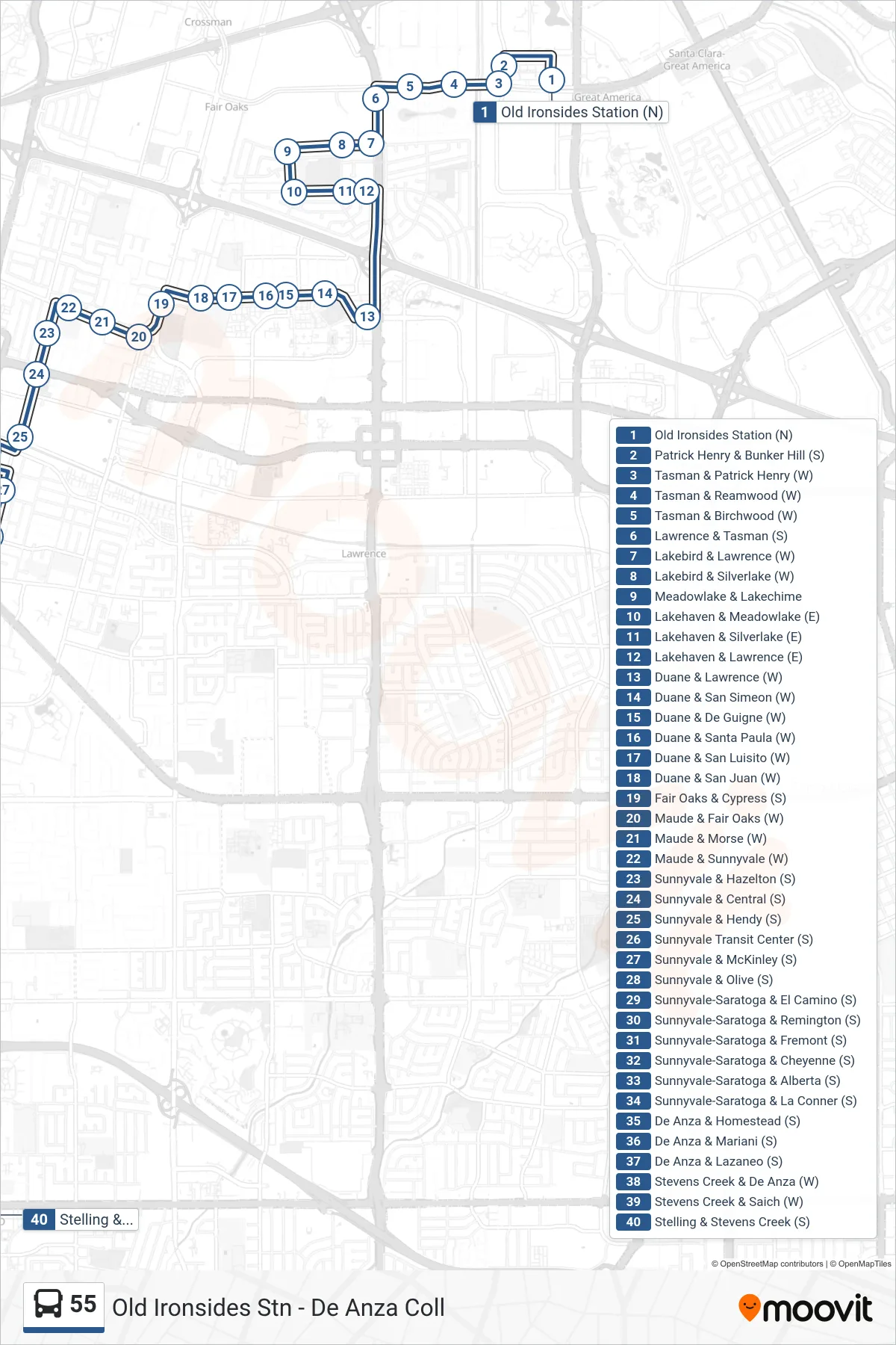 55 bus Line (De Anza College) route and stops on a map