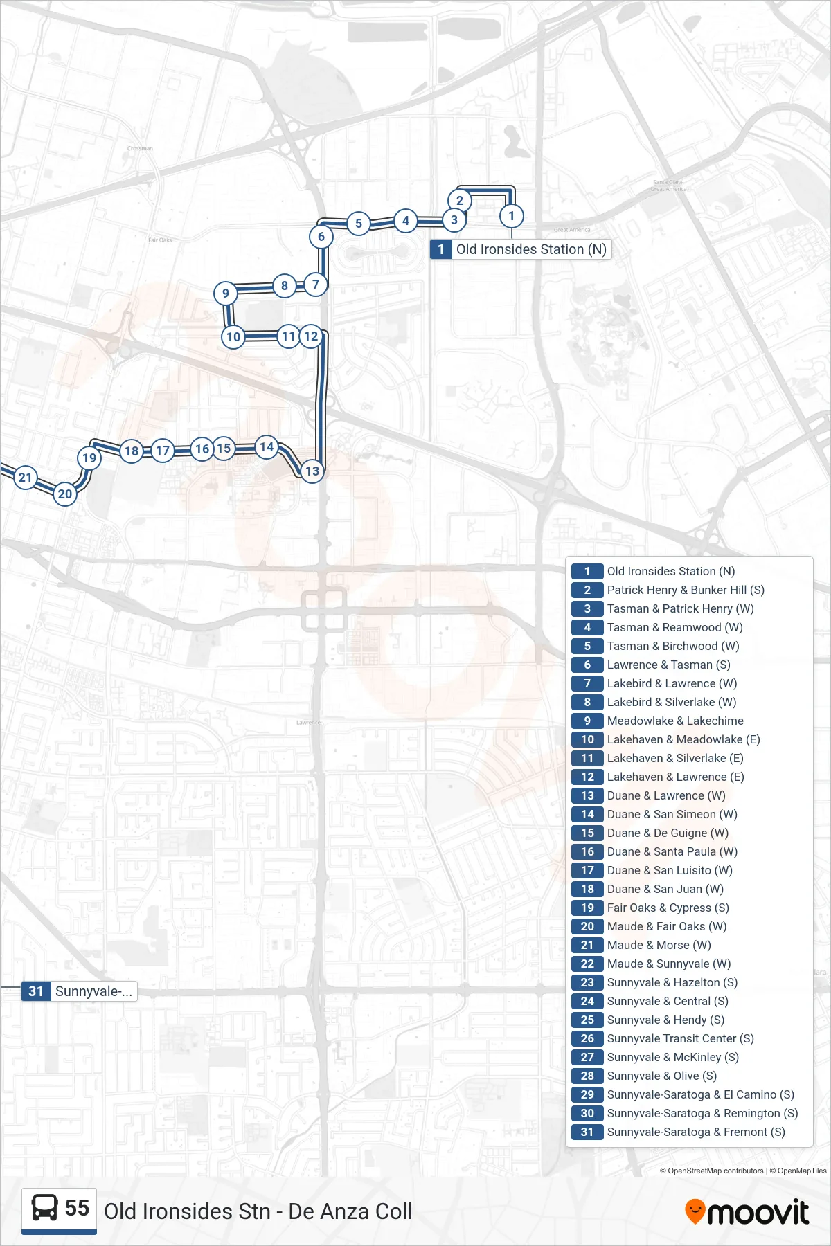 55 bus Line (Fremont High School) route and stops on a map