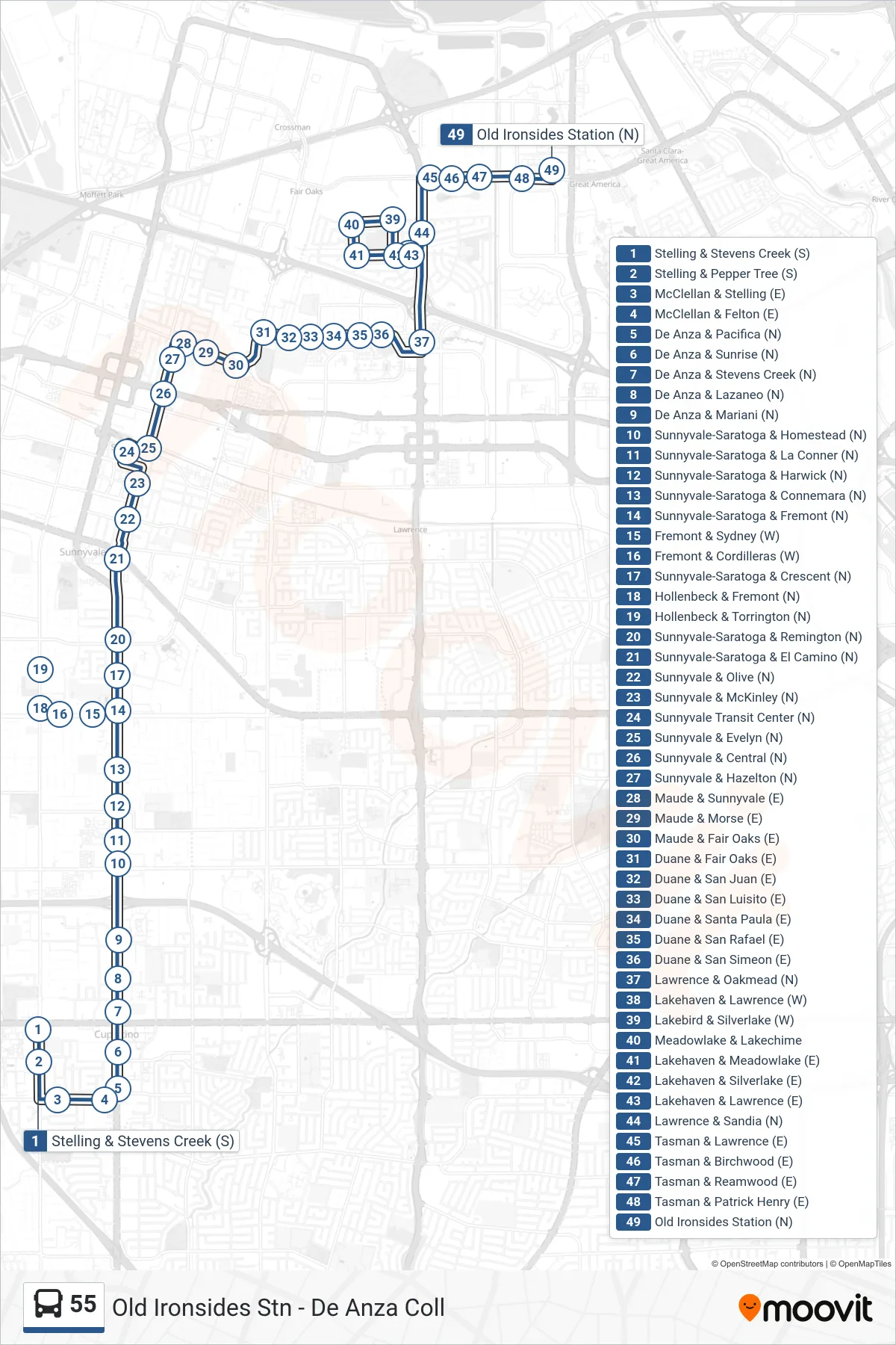 55 bus Line (Old Ironsides Station) route and stops on a map