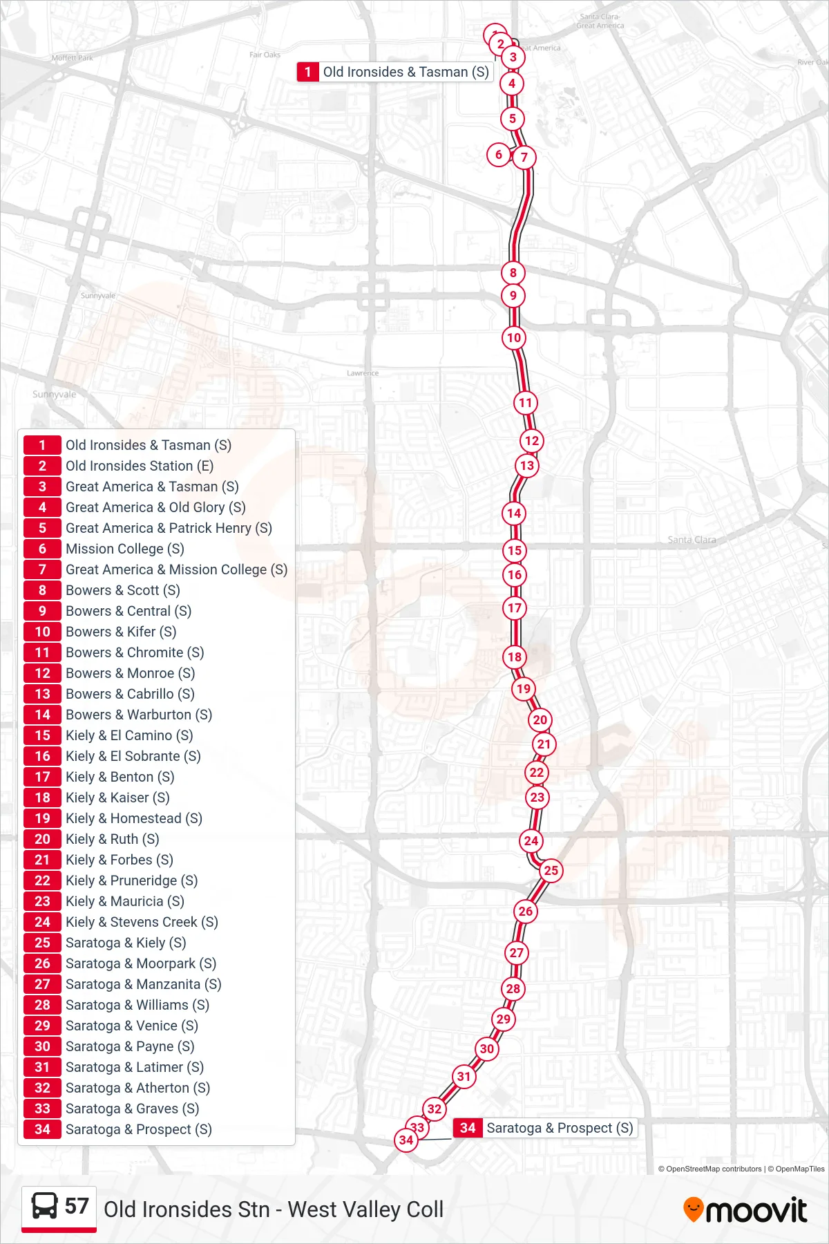 57 bus Line (Westgate) route and stops on a map