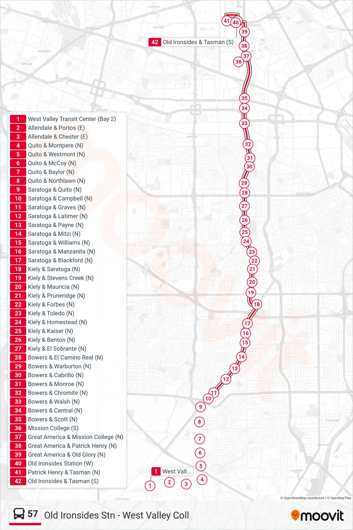 57 bus Line (Old Ironsides Station) route and stops on a map