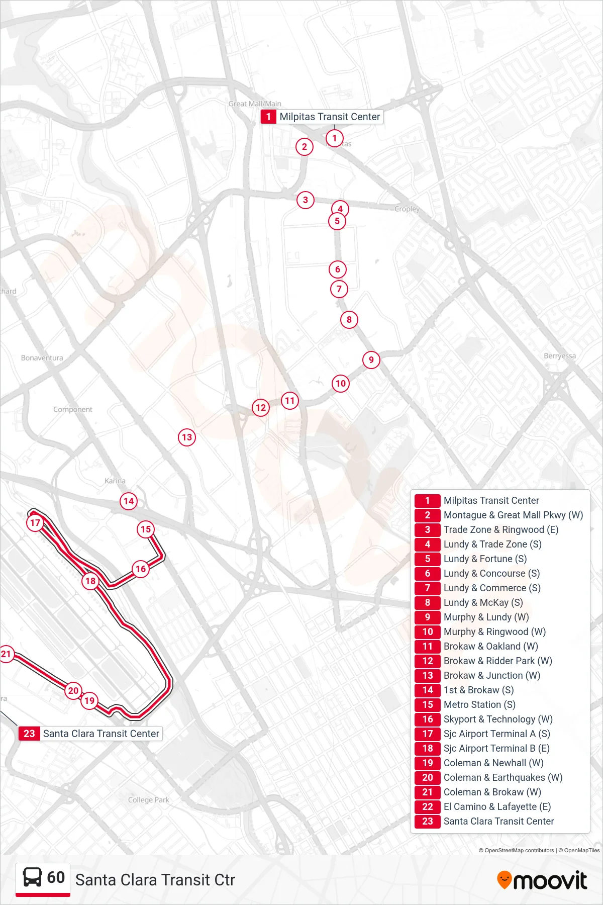 60 bus Line (Santa Clara Transit Ctr) route and stops on a map