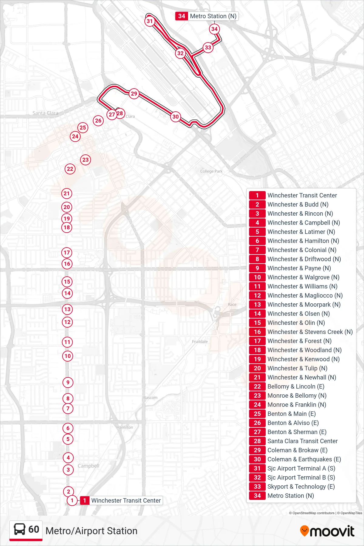 60 bus Line (Metro/Airport Station) route and stops on a map