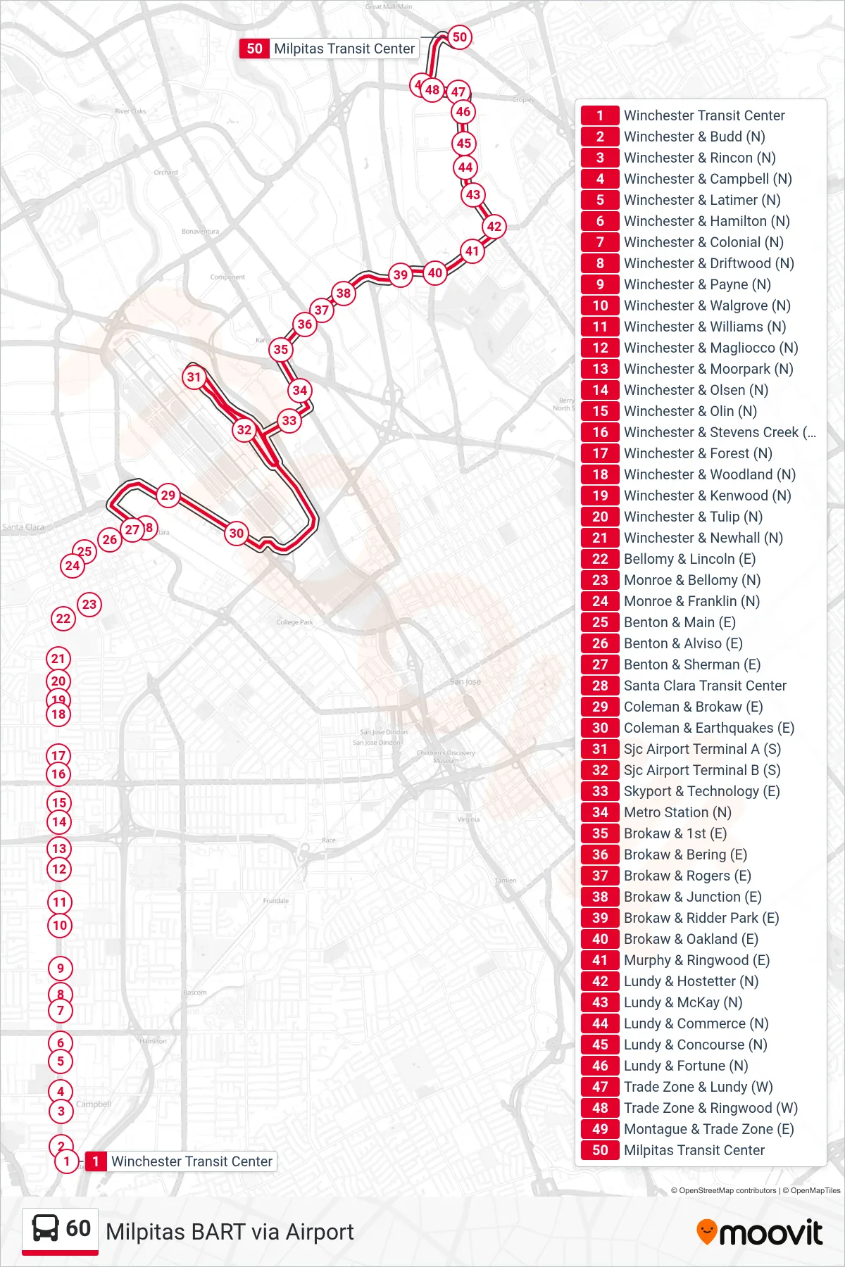 60 bus Line (Milpitas BART via Airport) route and stops on a map