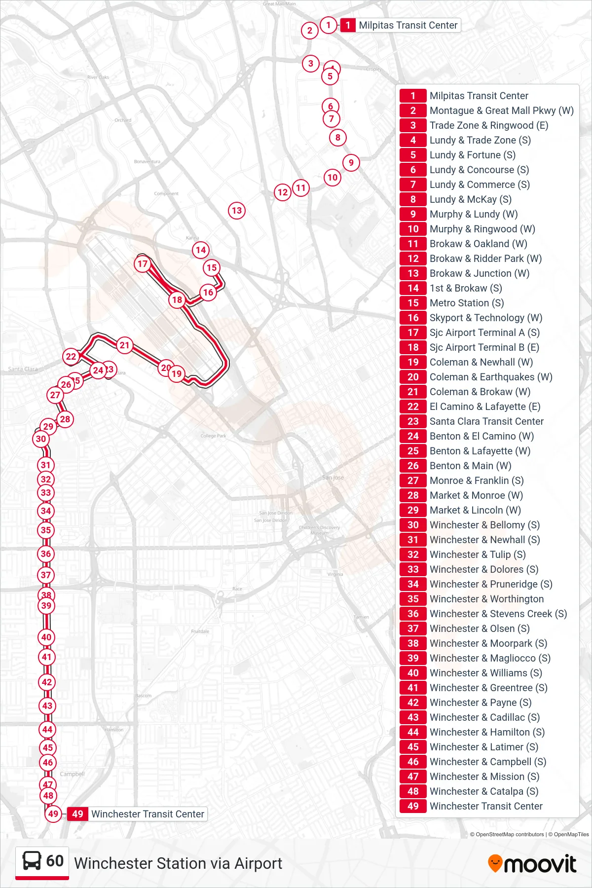 60 bus Line (Winchester Station via Airport) route and stops on a map