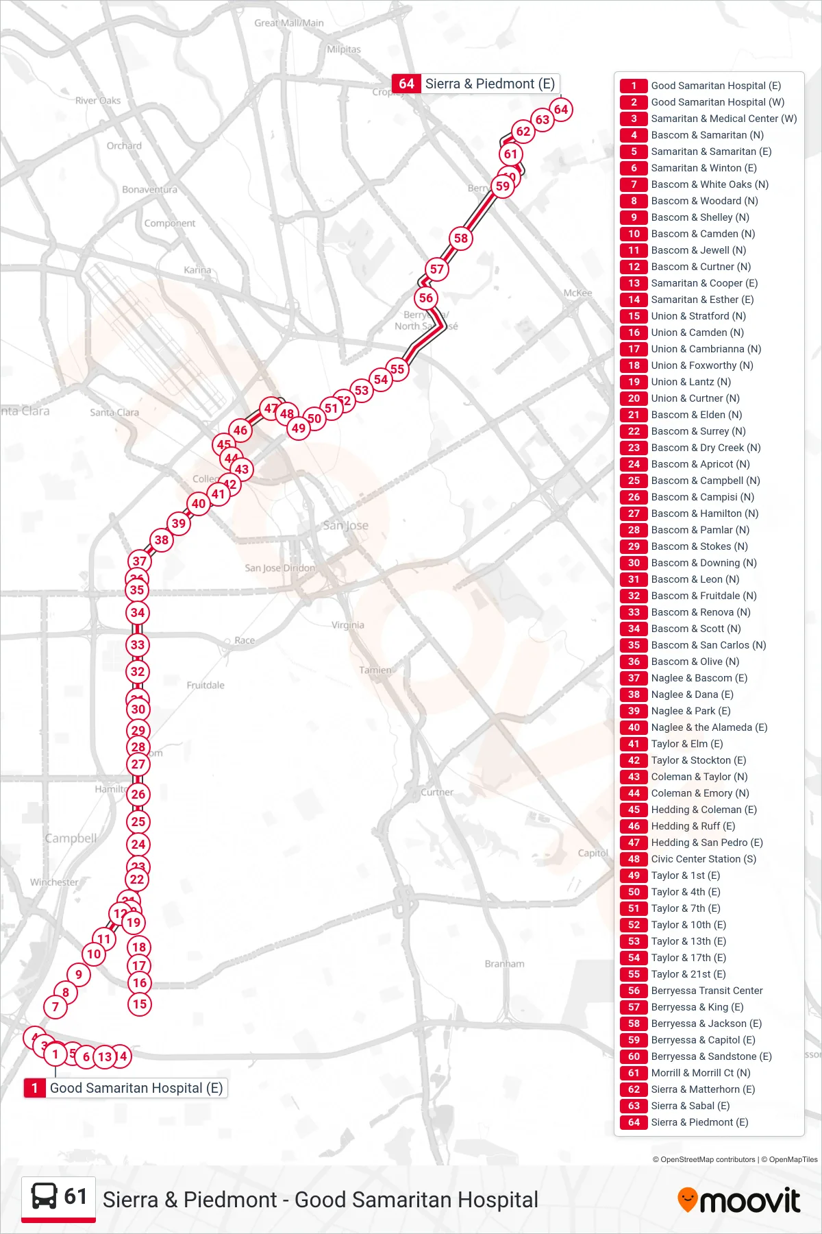 61 bus Line (Sierra & Piedmont) route and stops on a map