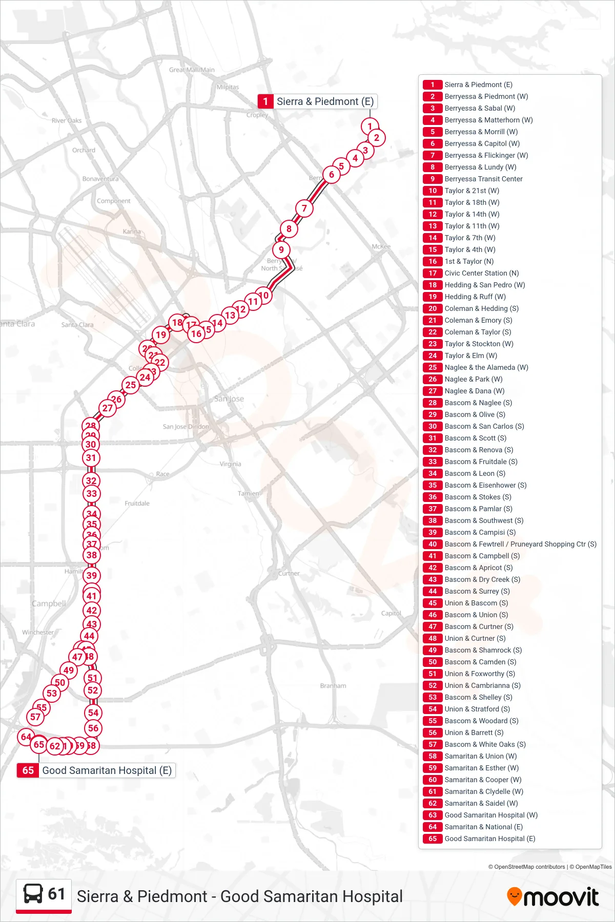 61 bus Line (Good Samaritan Hospital) route and stops on a map