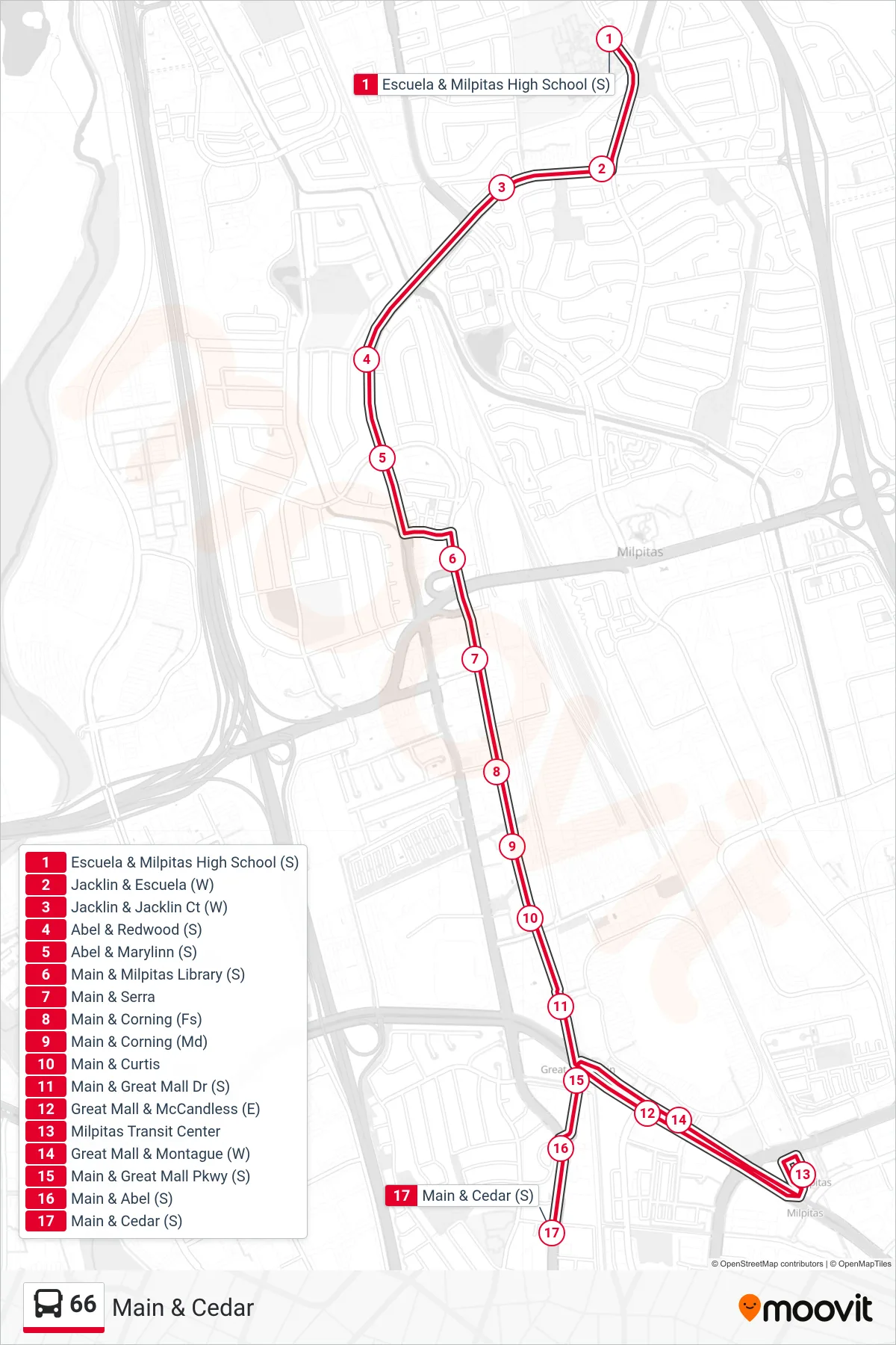 66 bus Line (Main & Cedar) route and stops on a map