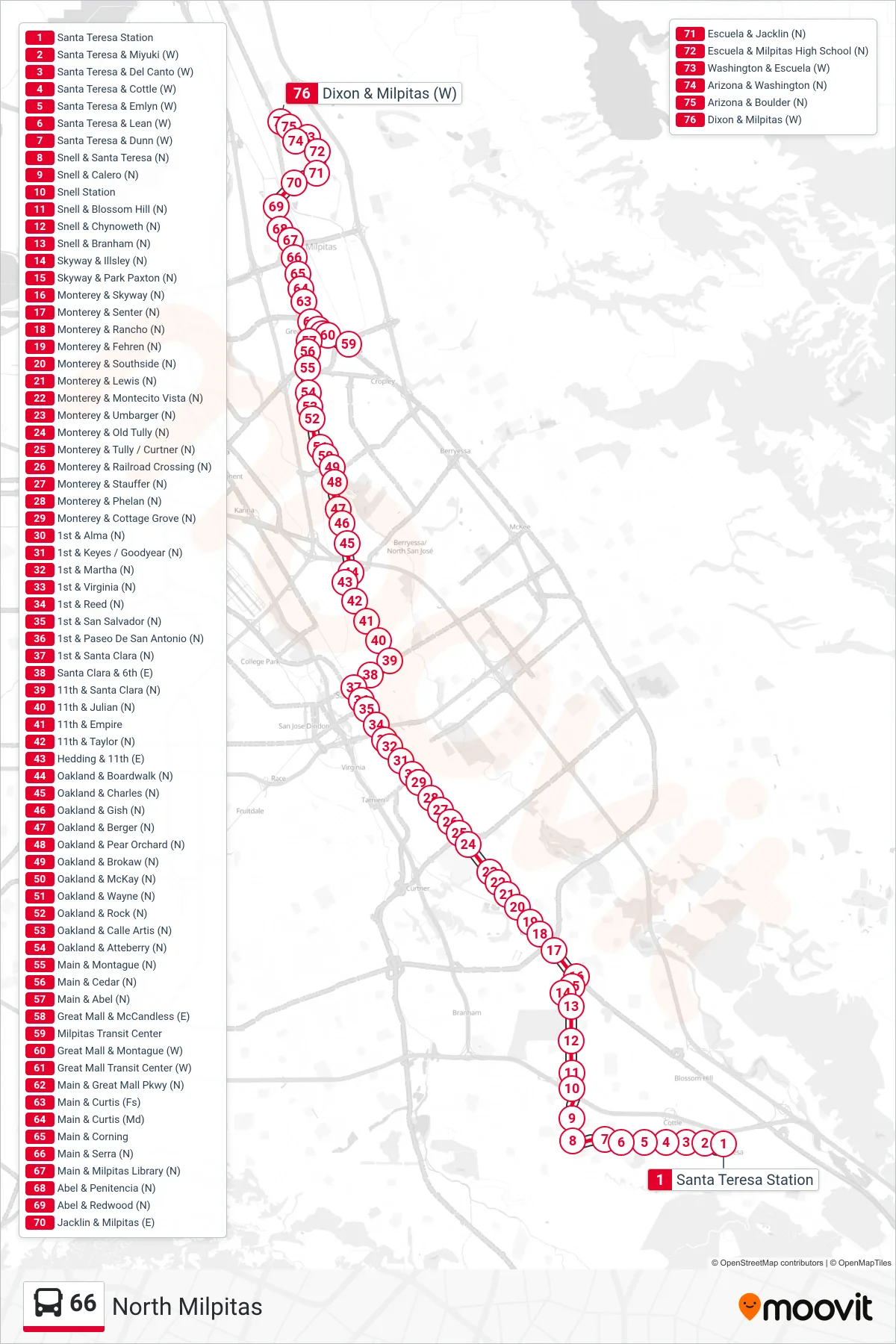 66 bus Line (North Milpitas) route and stops on a map