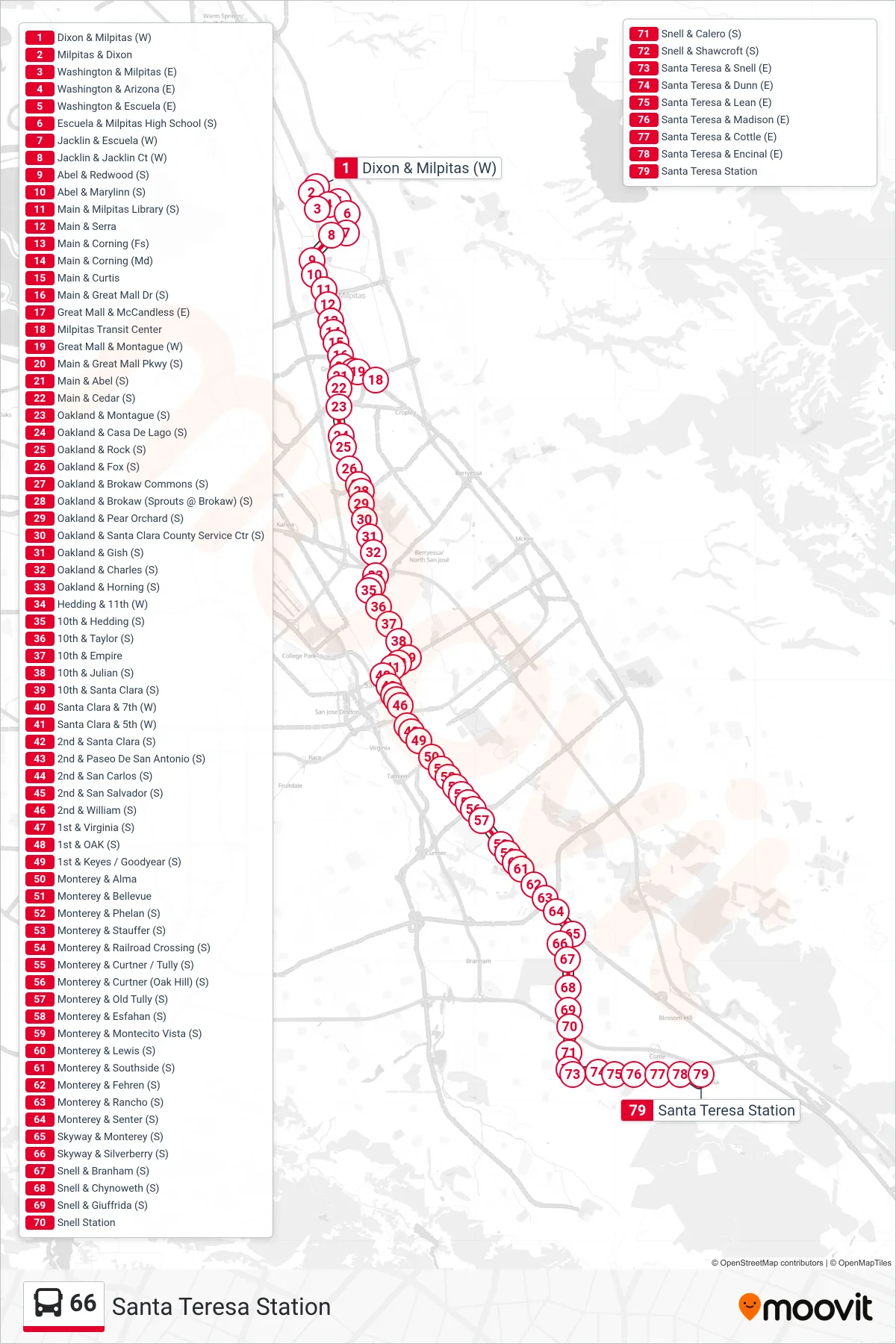 66 bus Line (Santa Teresa Station) route and stops on a map