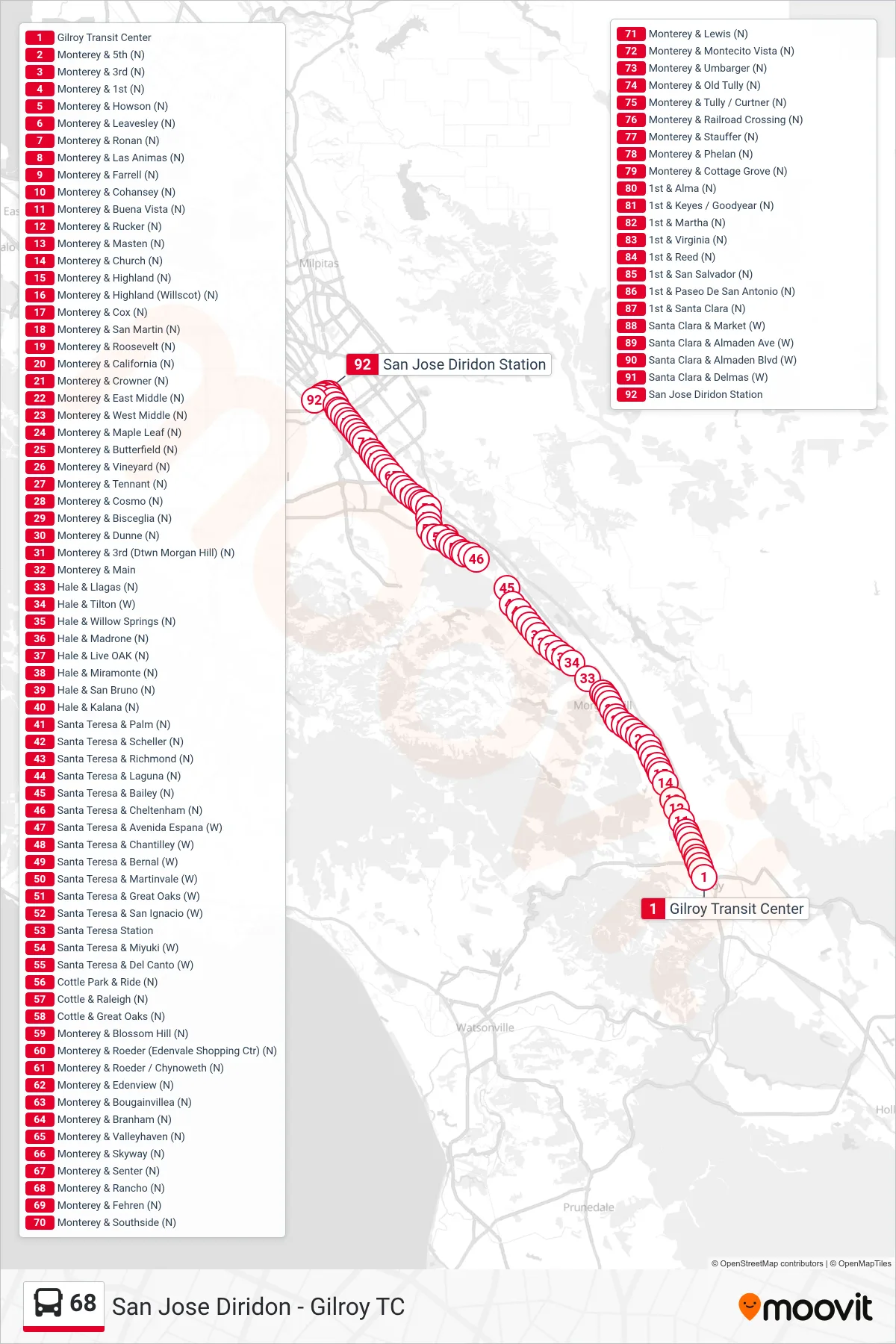 68 bus Line (SJ Diridon) route and stops on a map