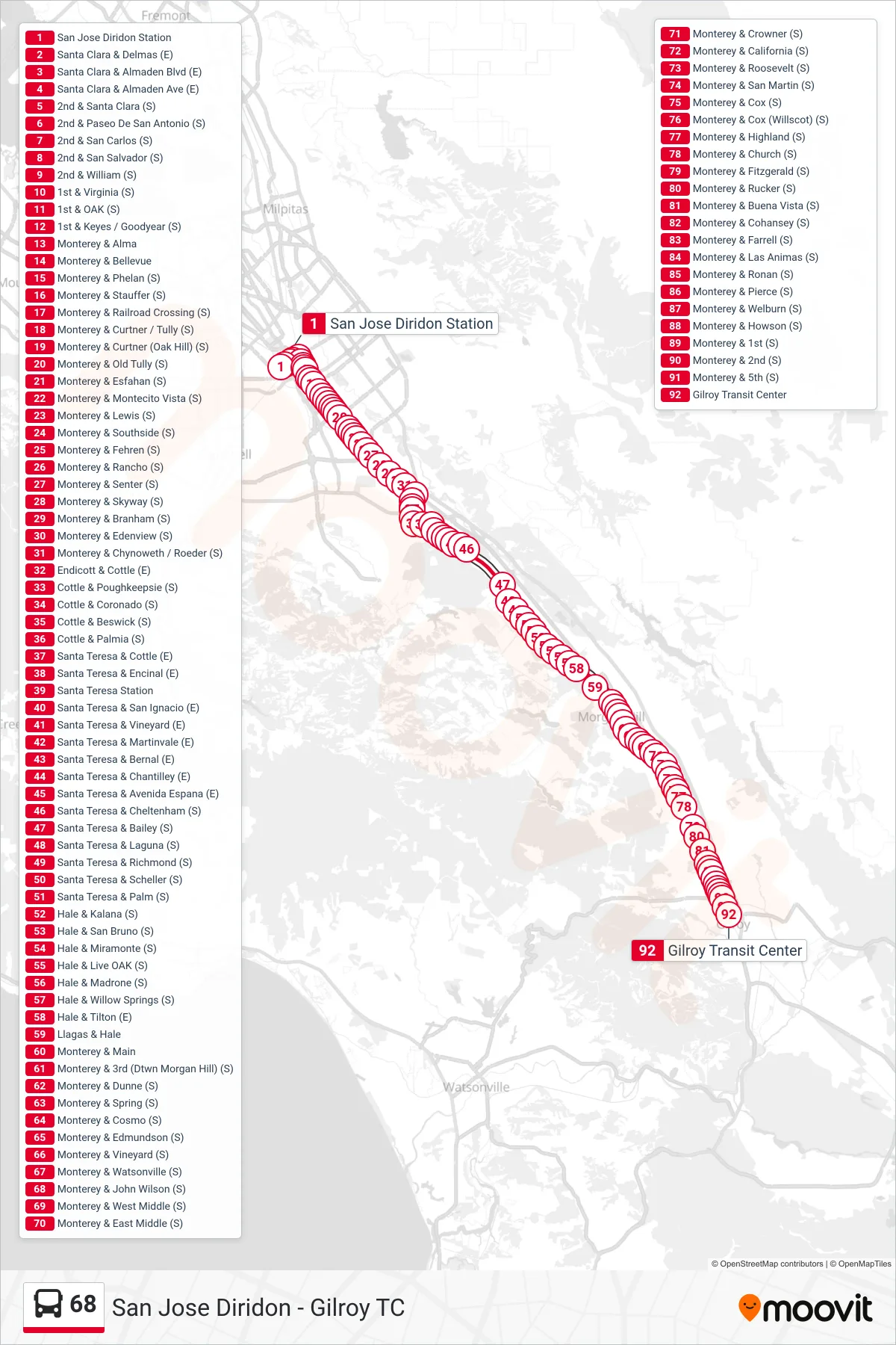 68 bus Line (Gilroy Transit Ctr) route and stops on a map