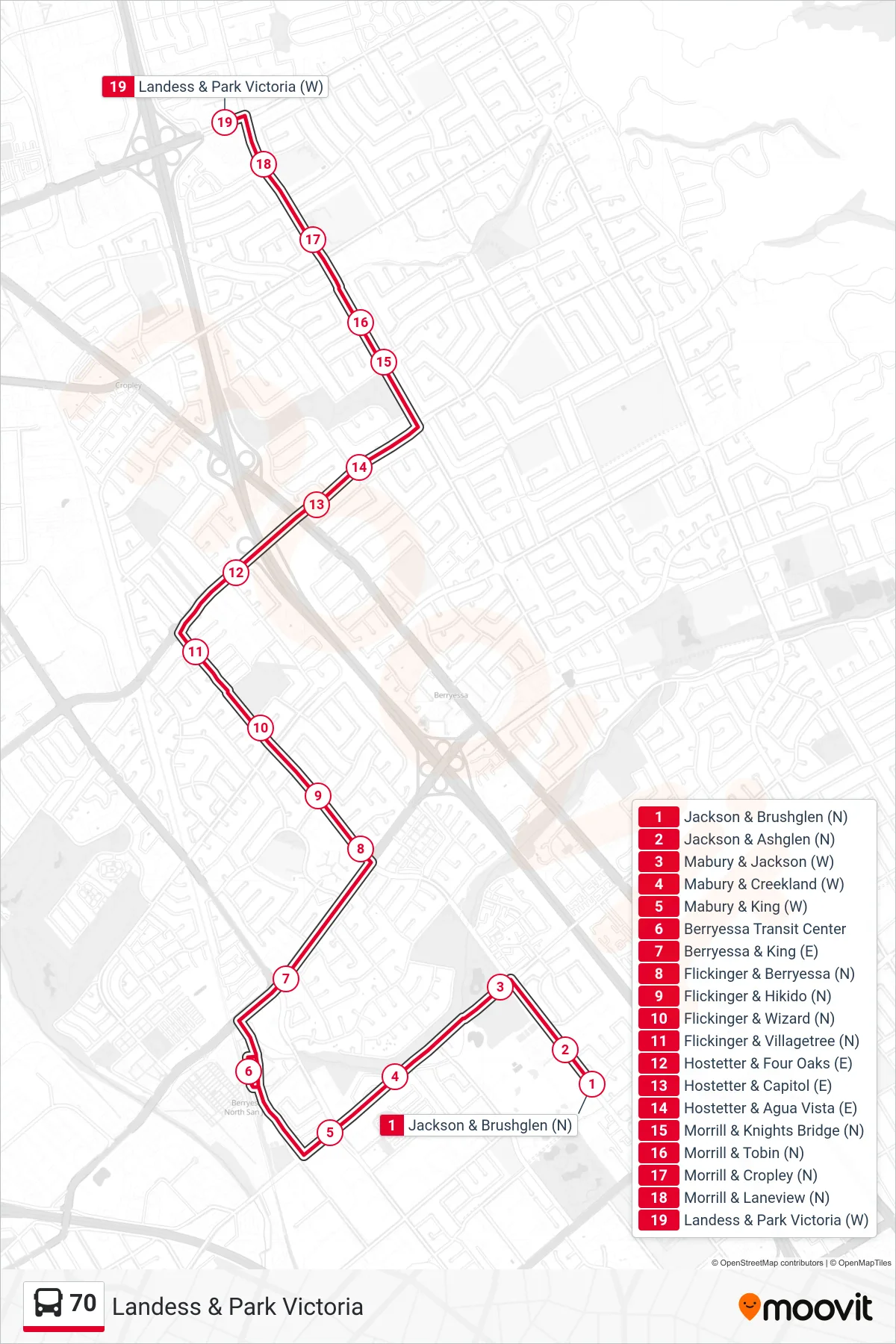 70 bus Line (Landess & Park Victoria) route and stops on a map