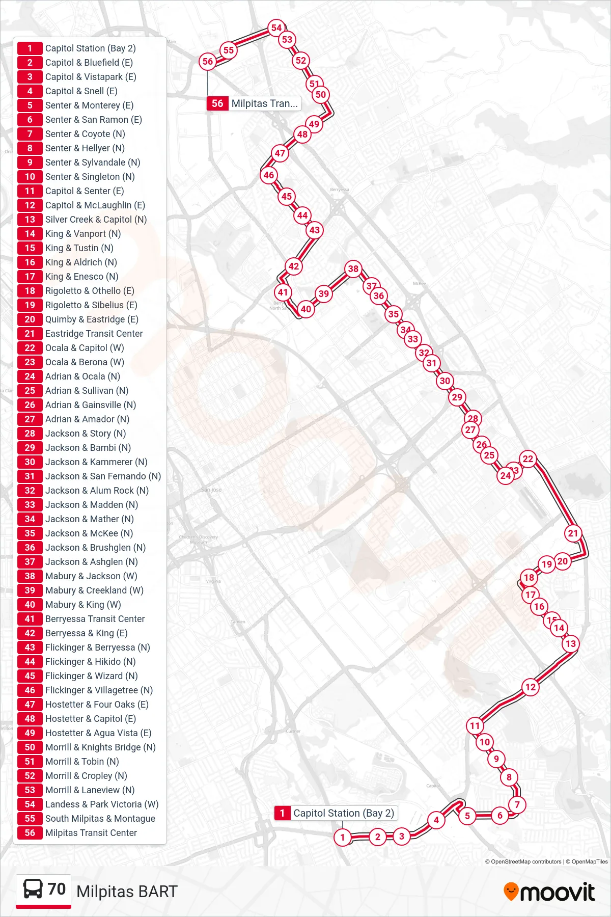 70 bus Line (Milpitas BART) route and stops on a map