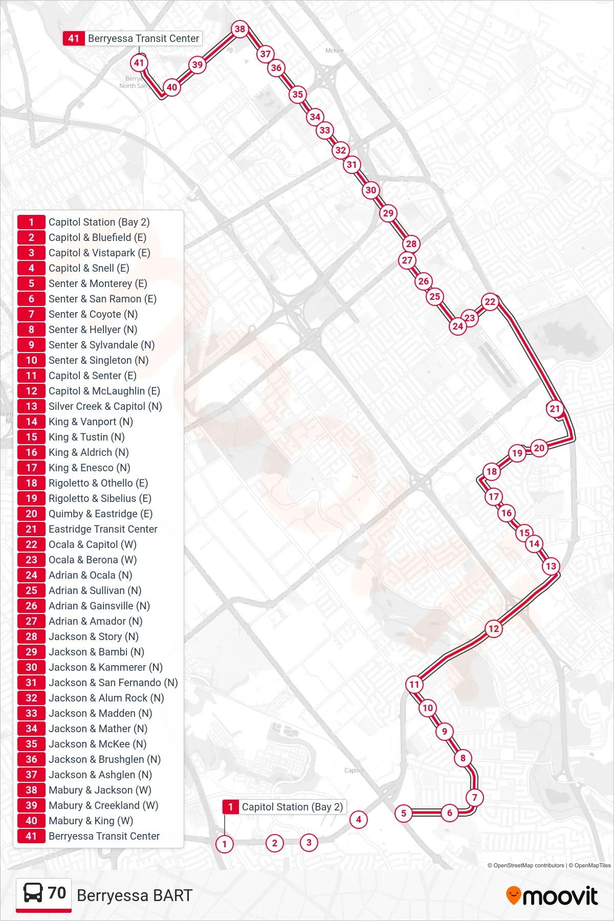 70 bus Line (Berryessa BART) route and stops on a map