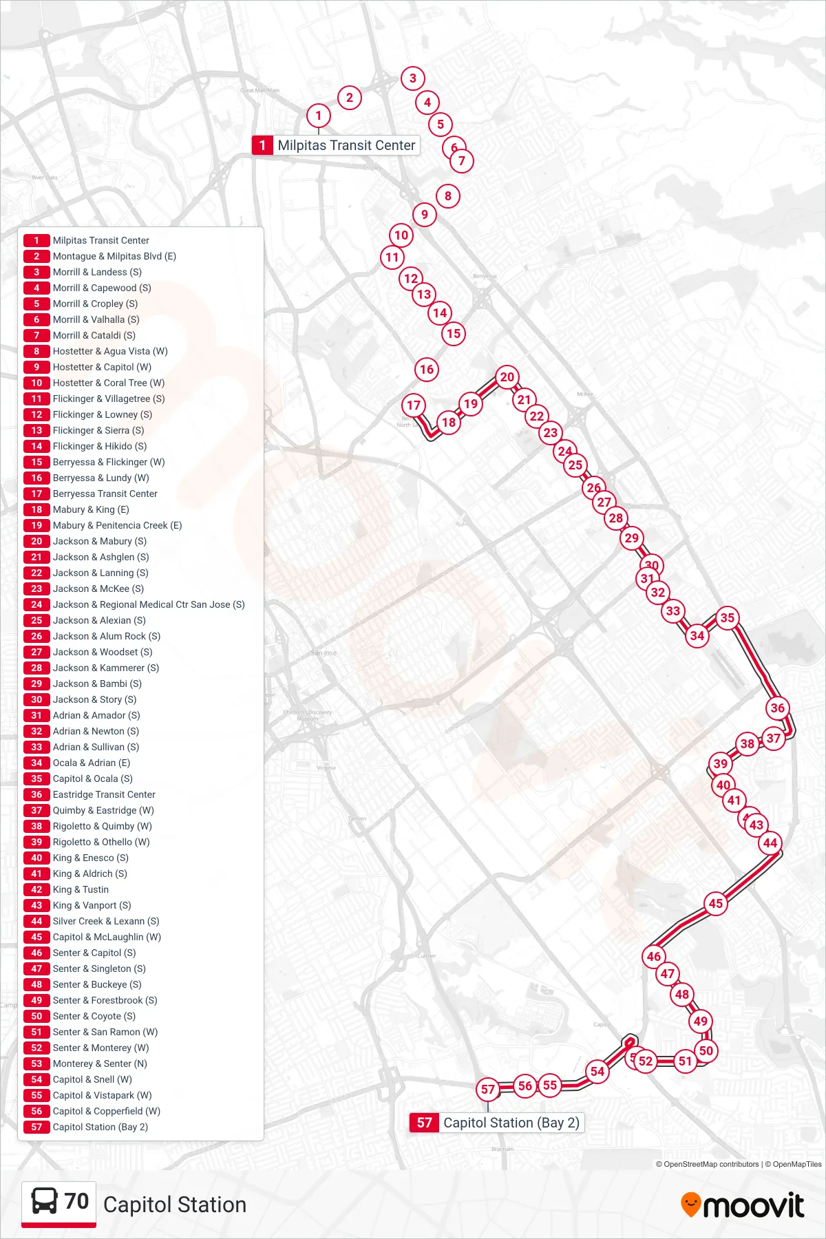 70 bus Line (Capitol Station) route and stops on a map