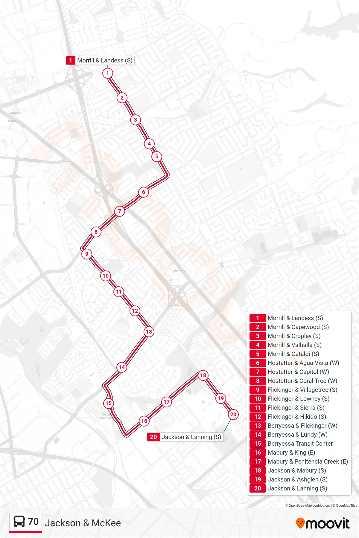 70 bus Line (Jackson & McKee) route and stops on a map