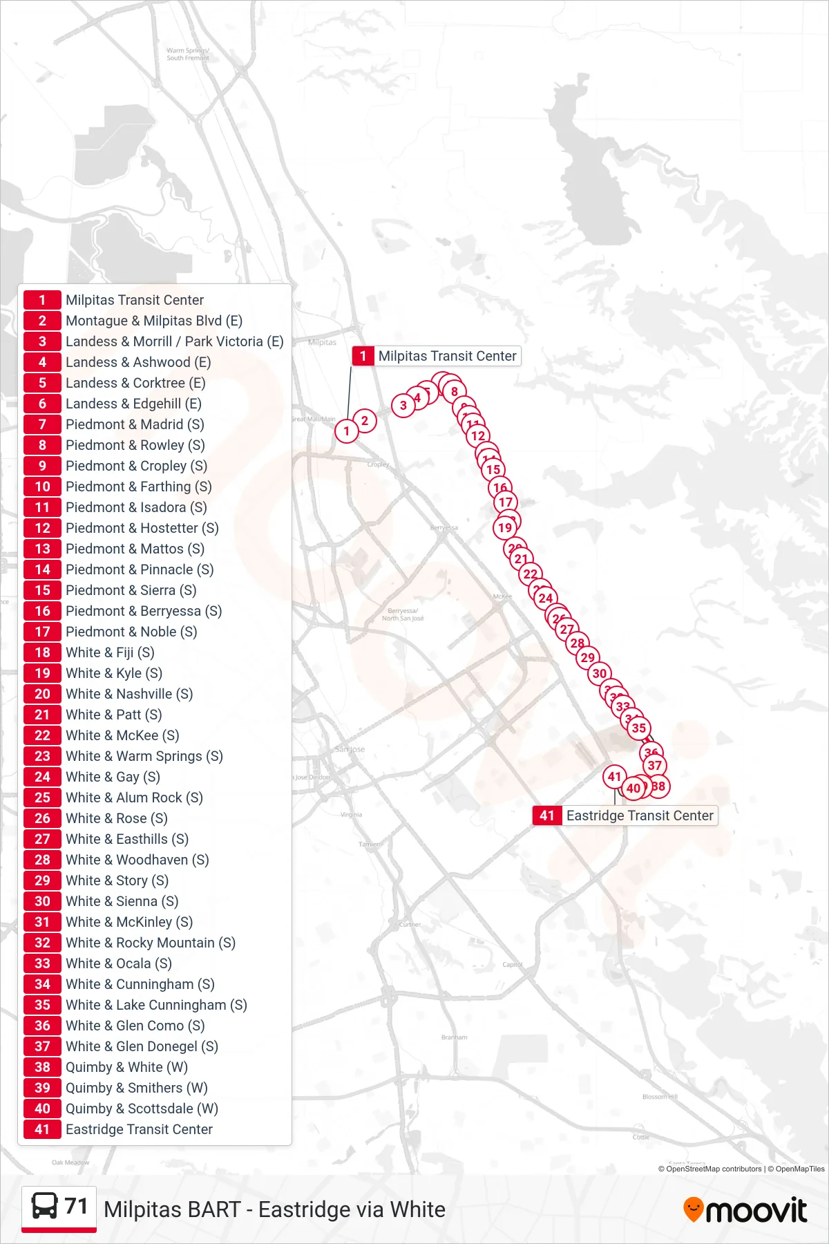 71 bus Line (Eastridge) route and stops on a map