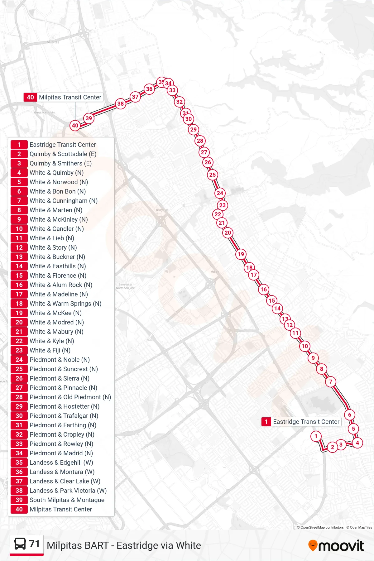 71 bus Line (Milpitas BART) route and stops on a map