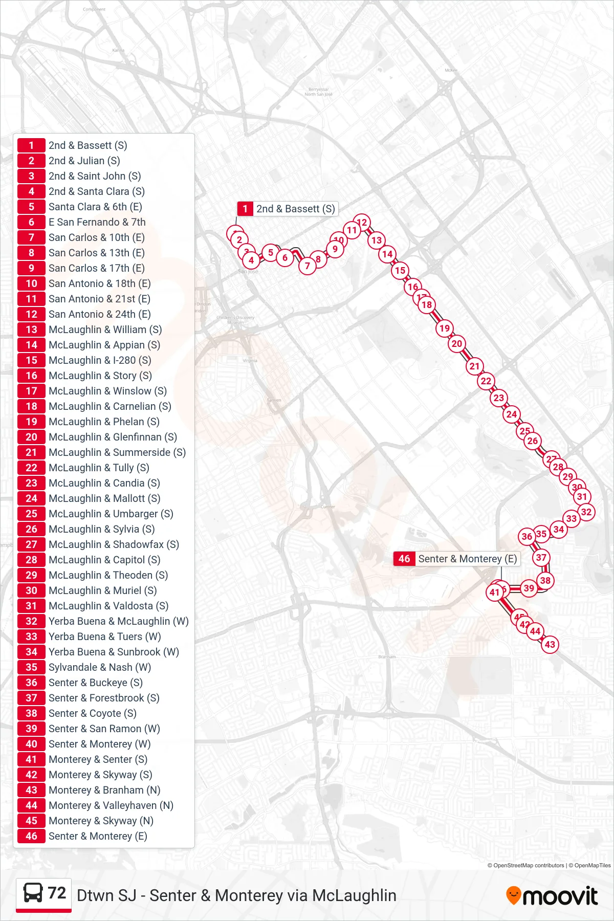 72 bus Line (Senter & Monterey via McLaughlin) route and stops on a map