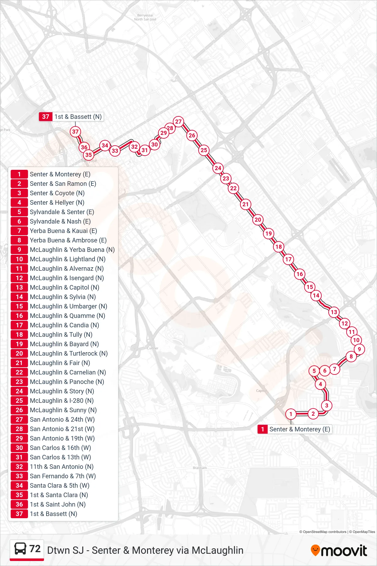72 bus Line (Downtown San Jose via McLaughlin) route and stops on a map