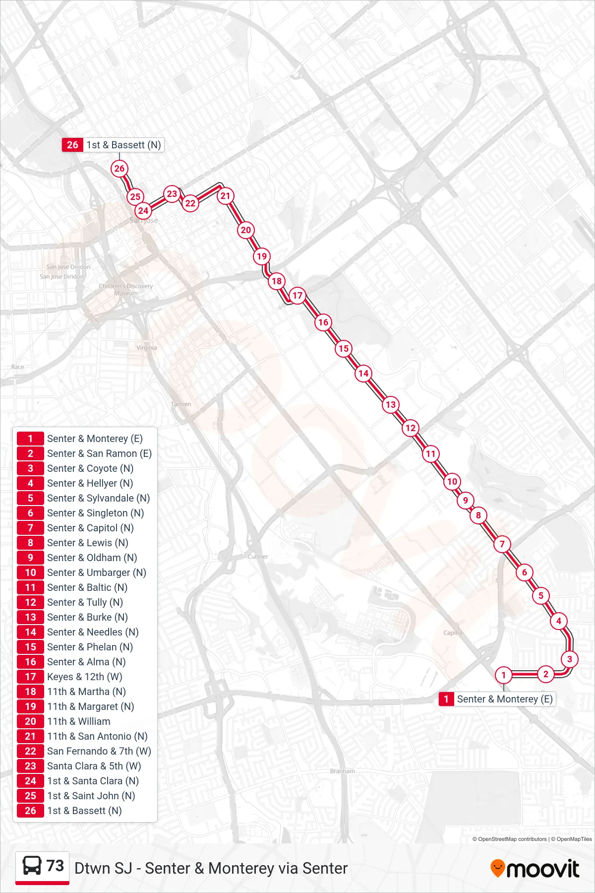 73 bus Line (Downtown San Jose via Senter) route and stops on a map