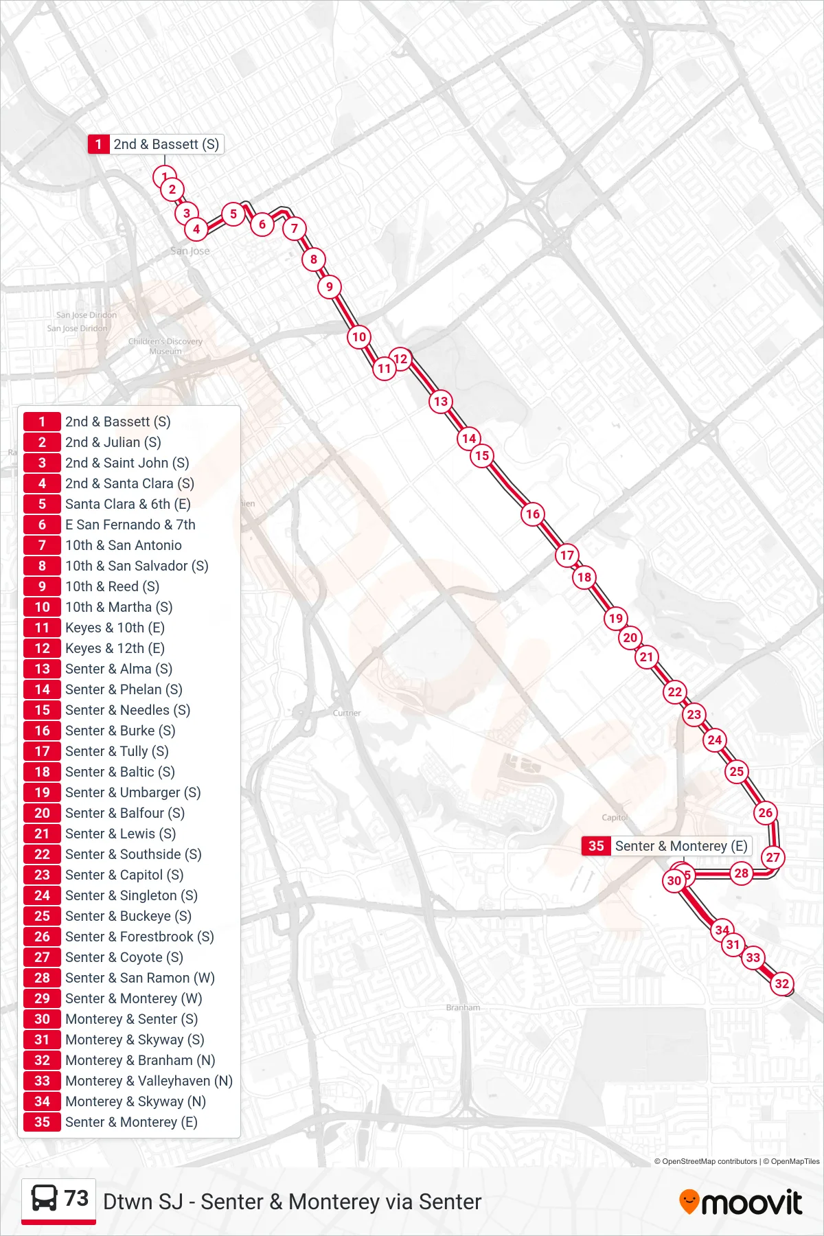 73 bus Line (Senter & Monterey via Senter) route and stops on a map