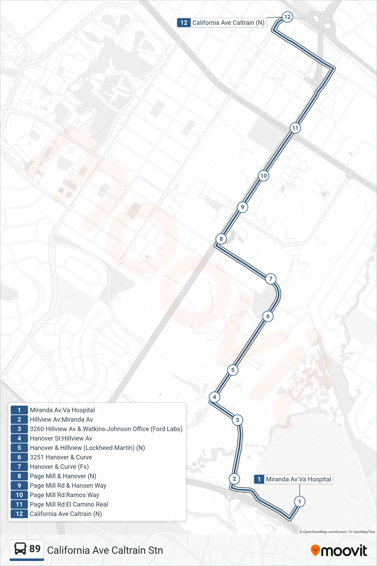 89 bus Line (California Ave Caltrain Stn) route and stops on a map