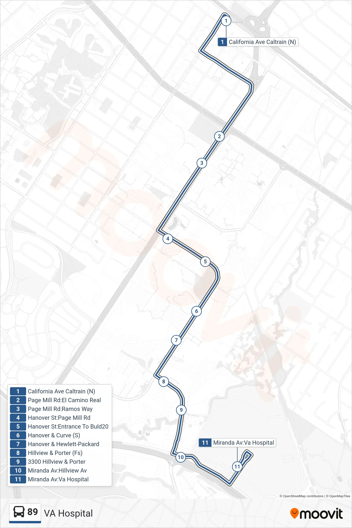 89 bus Line (VA Hospital) route and stops on a map