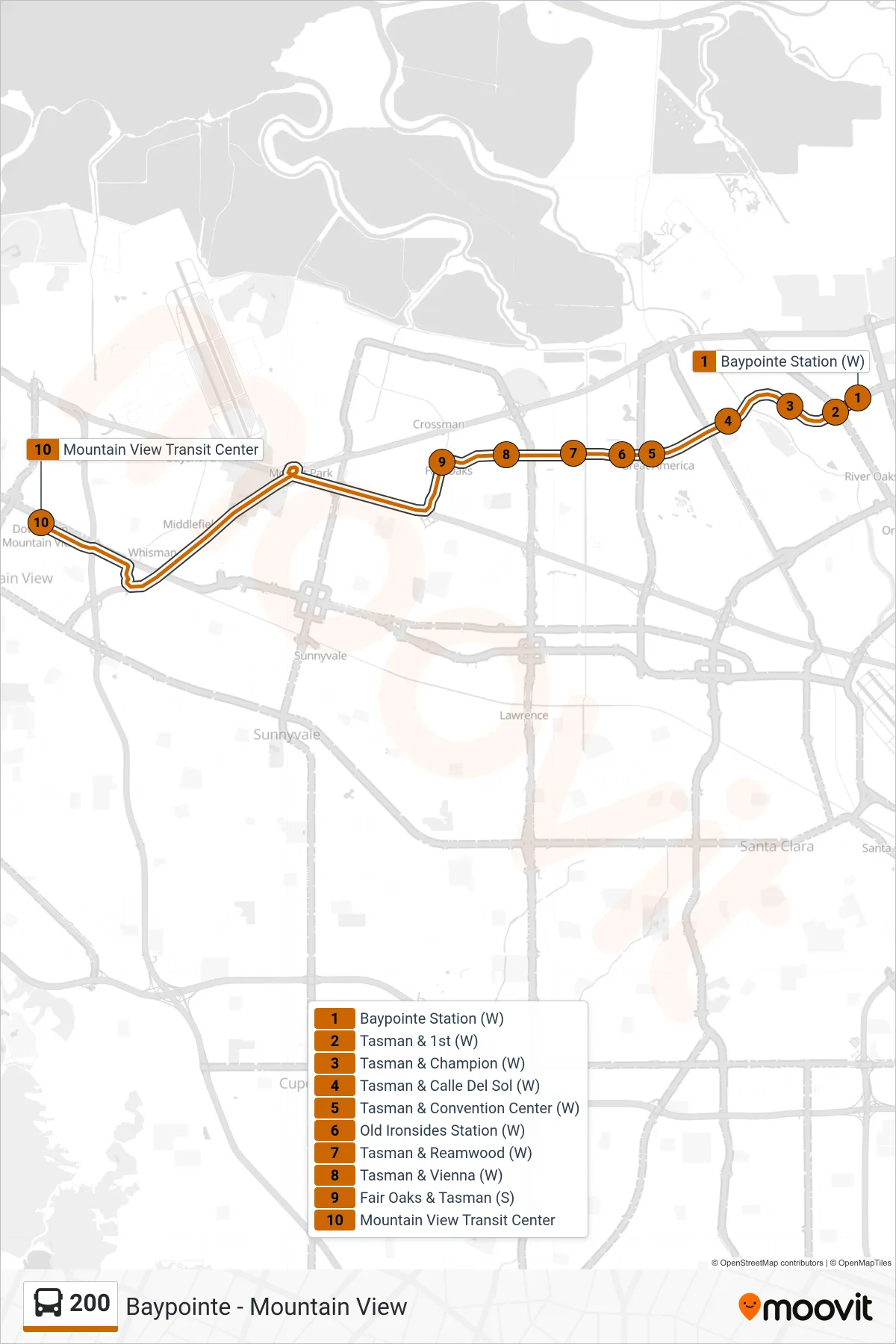 200 bus Line (Mountain View Station) route and stops on a map