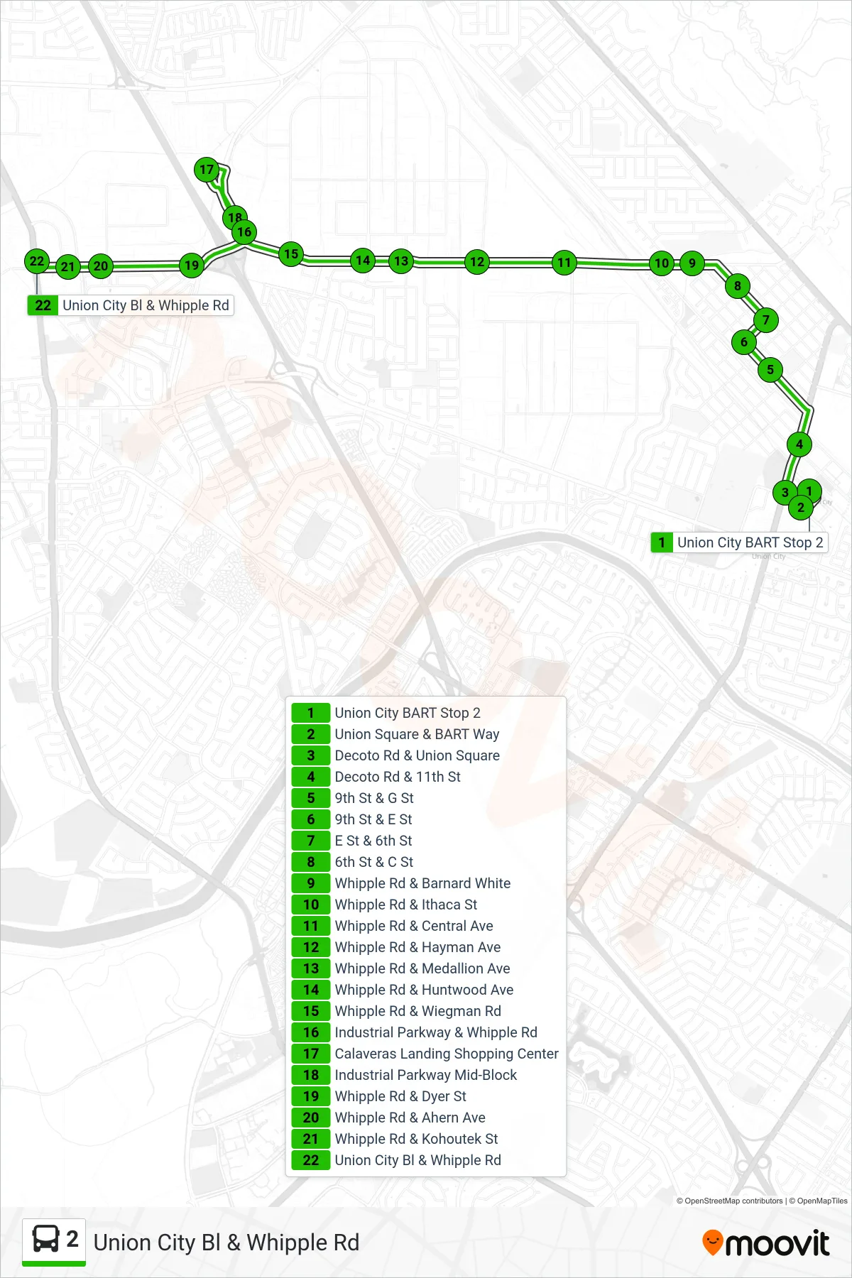 2 bus Line (Union City Bl & Whipple Rd) route and stops on a map